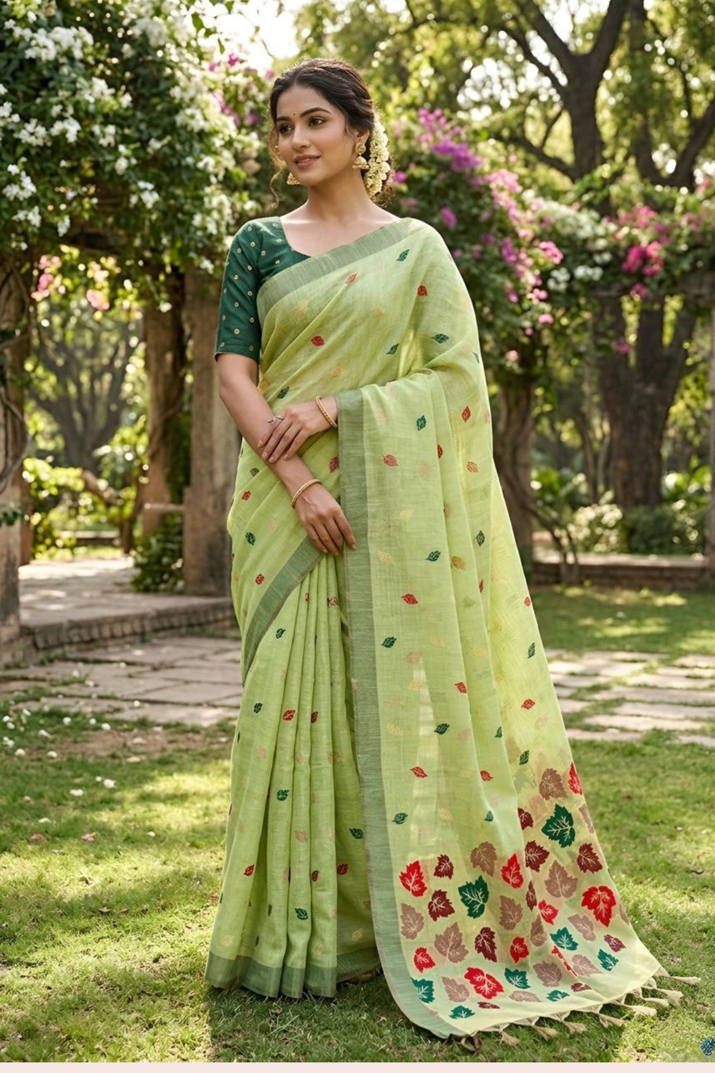 Buy MySilkLove Pistachio Green Woven Linen Saree Online
