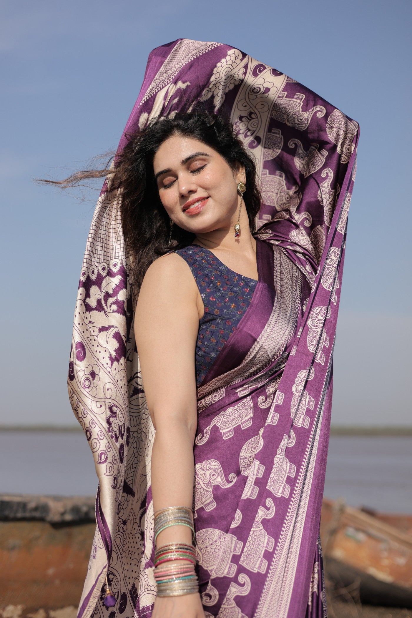 MySilkLove Haze Purple Ajrakh Printed Satin Crepe Silk Saree