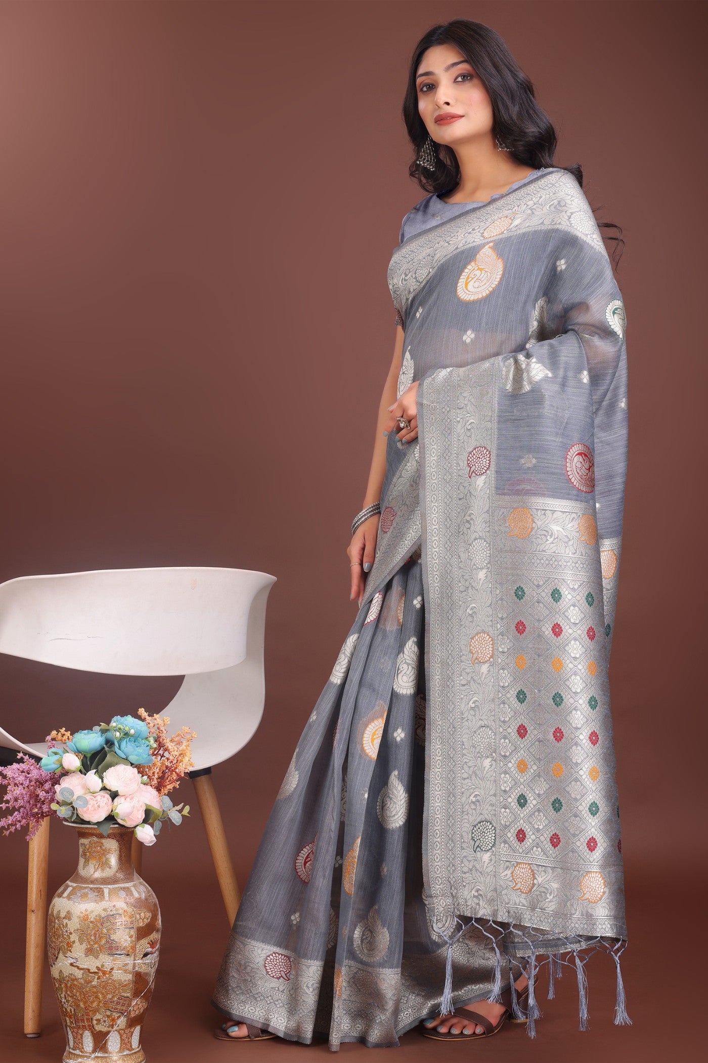 Buy MySilkLove Coral Grey Linen Cotton Saree Online