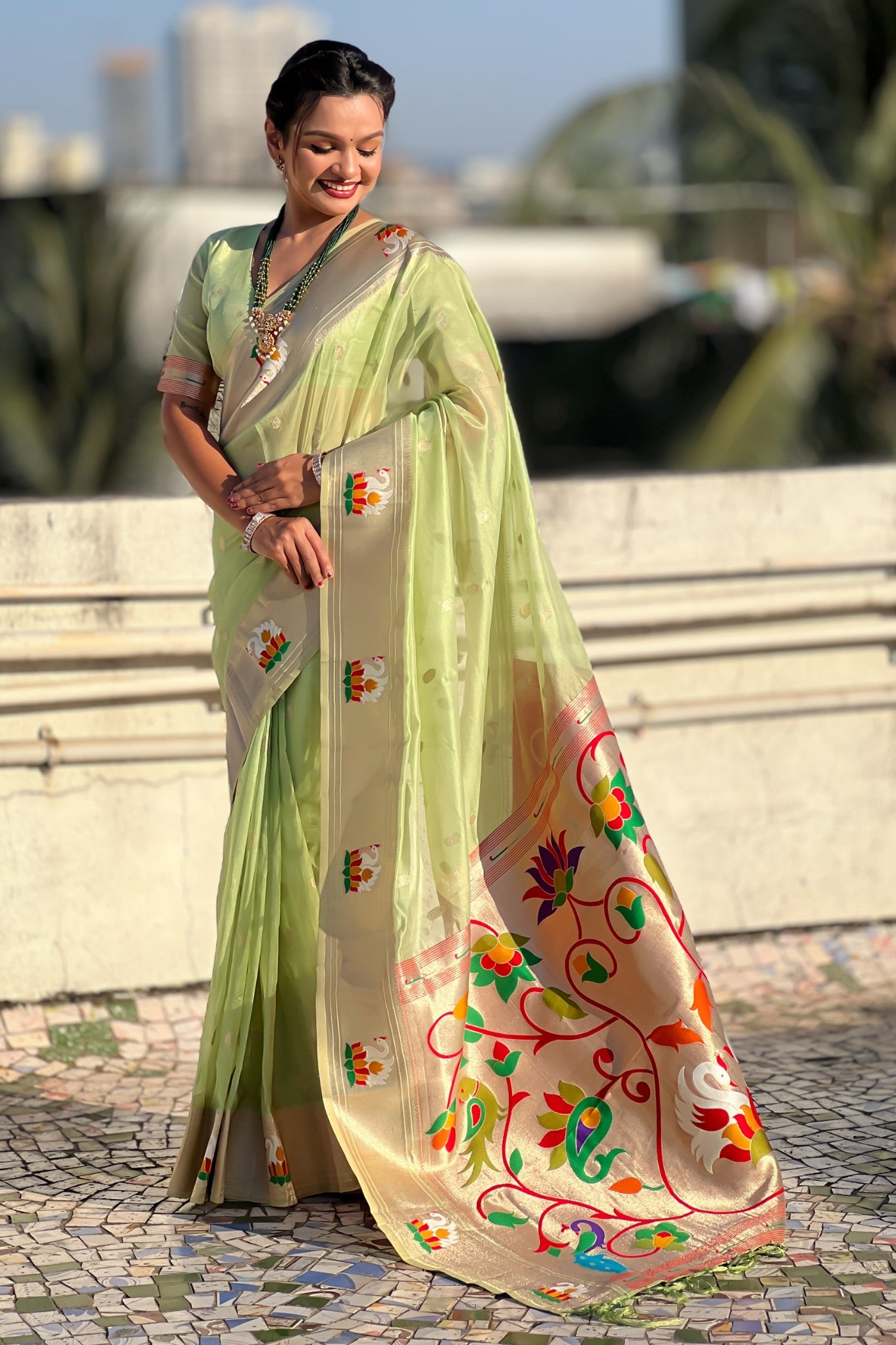 Buy MySilkLove Parrot Green Organza Woven Paithani Saree Online