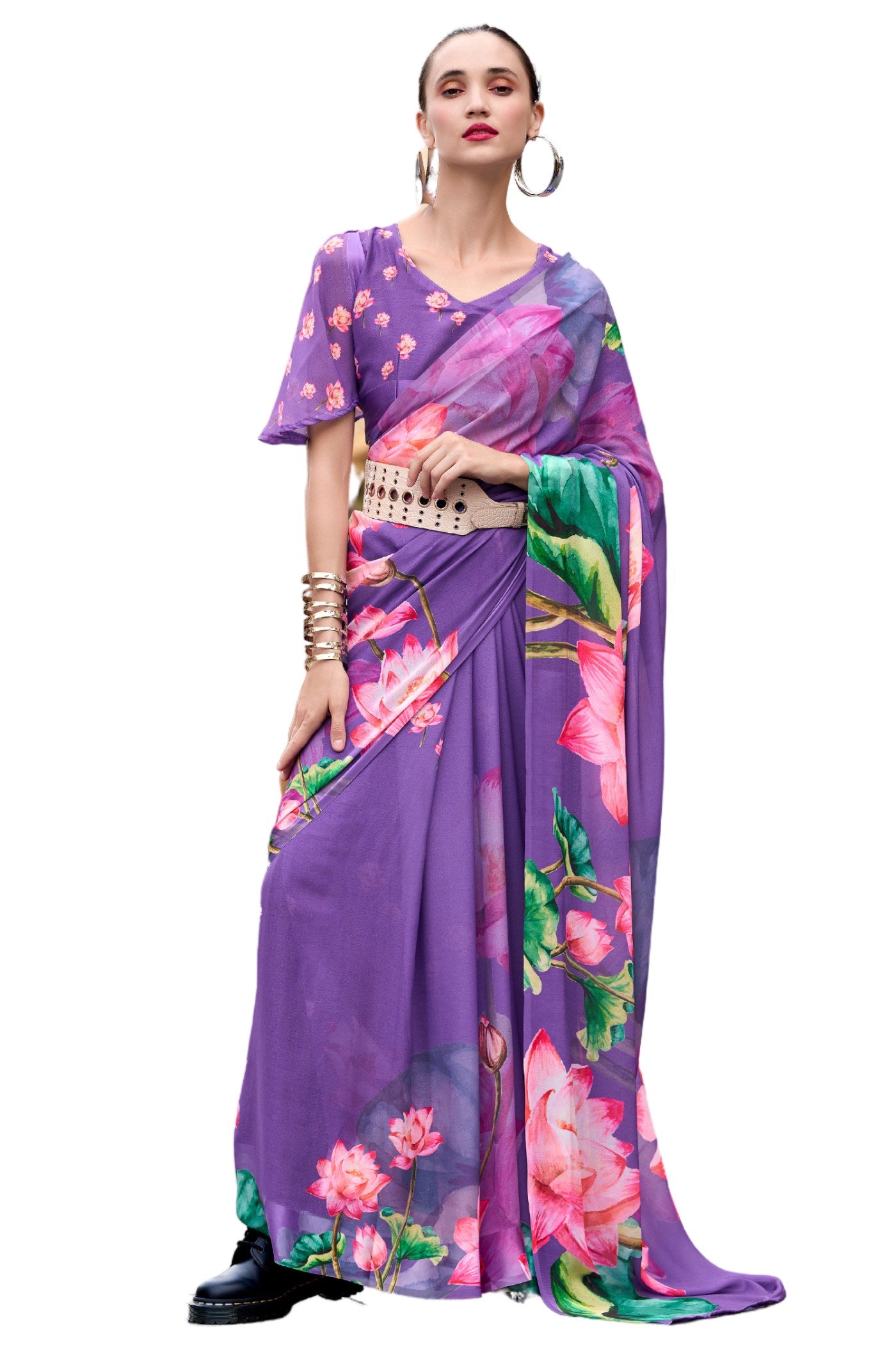 Buy MySilkLove Wisteria Lavender Printed Georgette Saree Online