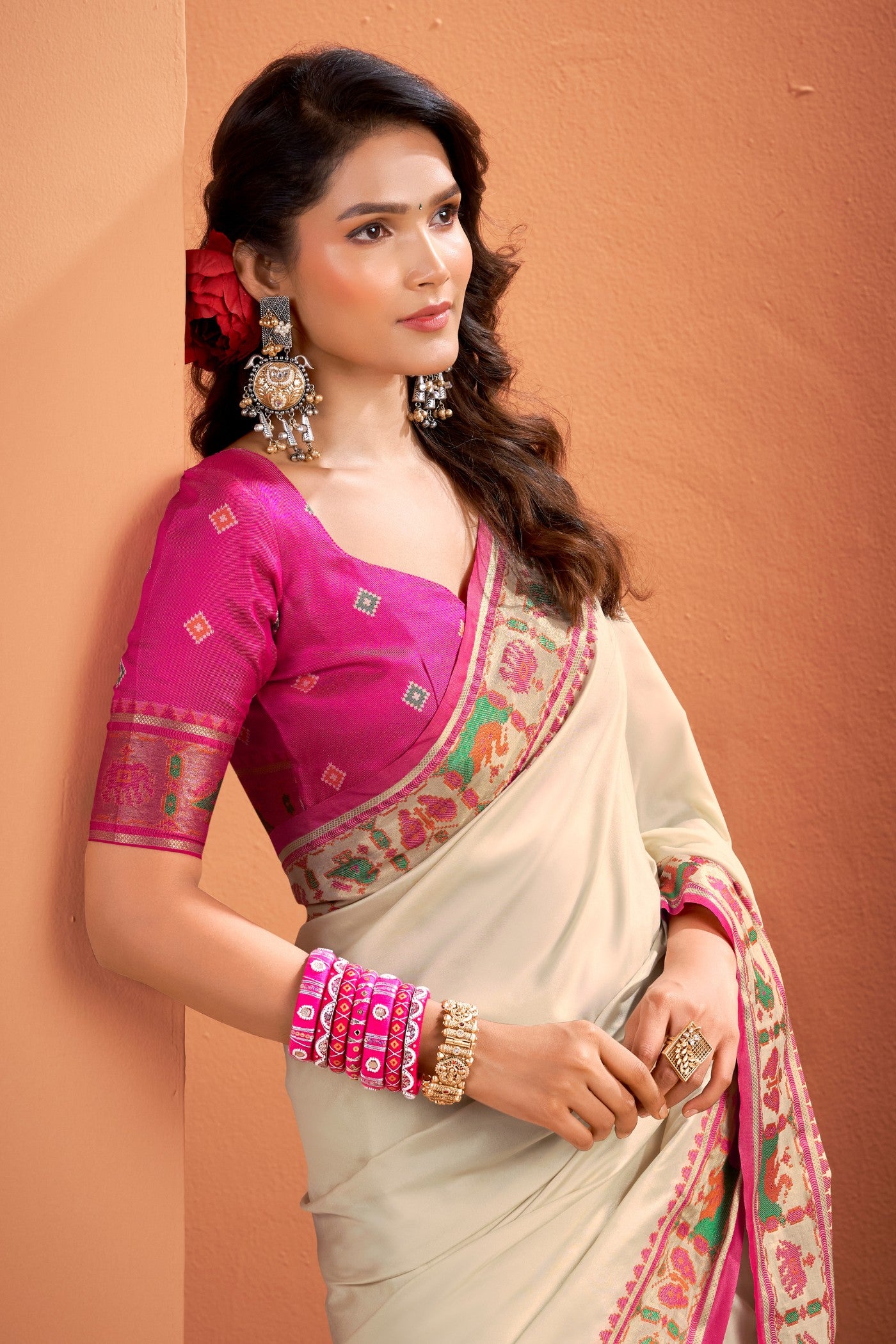 Buy MySilkLove Chiffon Cream Woven Banarasi Patola Silk Saree Online