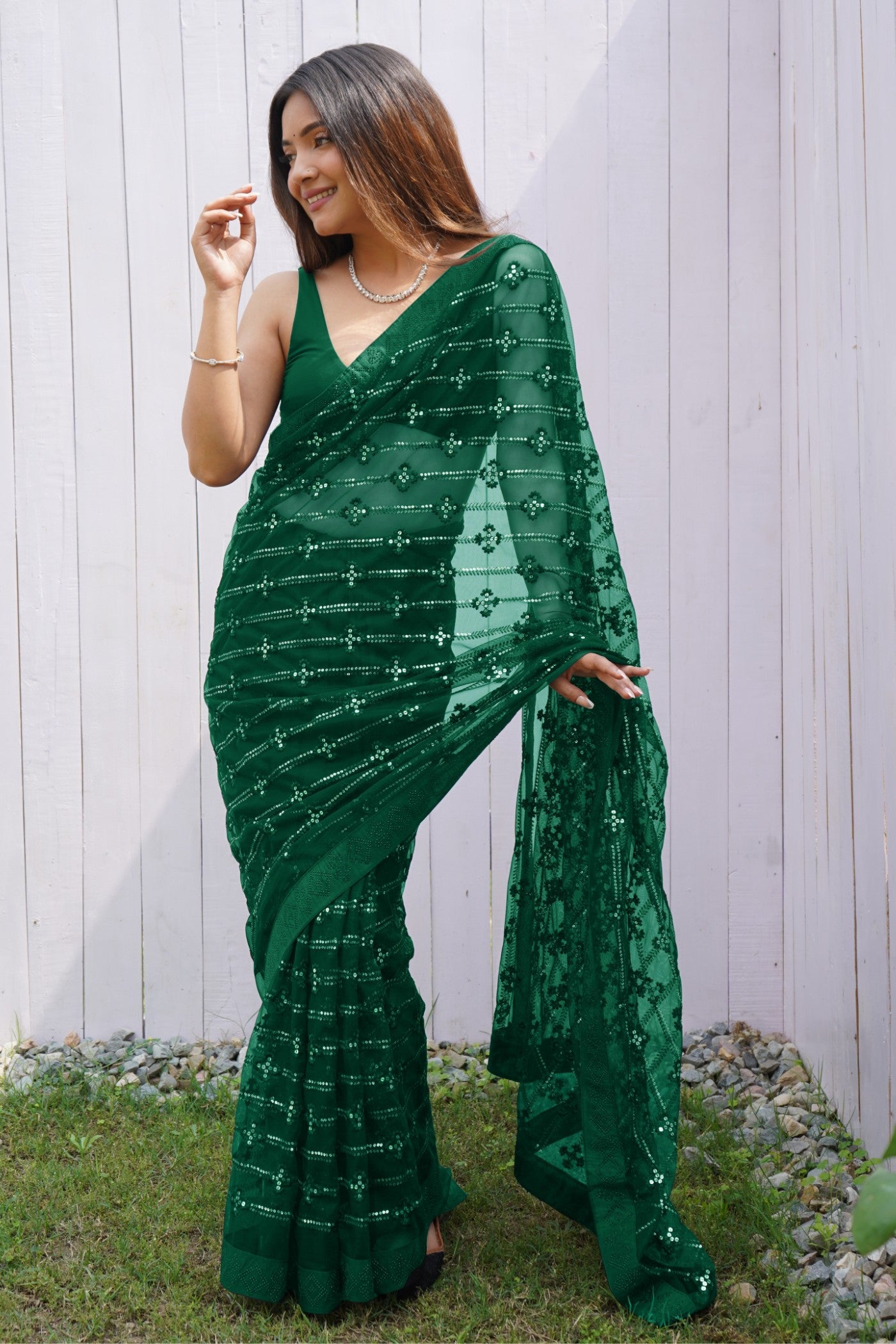 Buy MySilkLove Dark Jugle Green Embroidered Partywear Saree Online