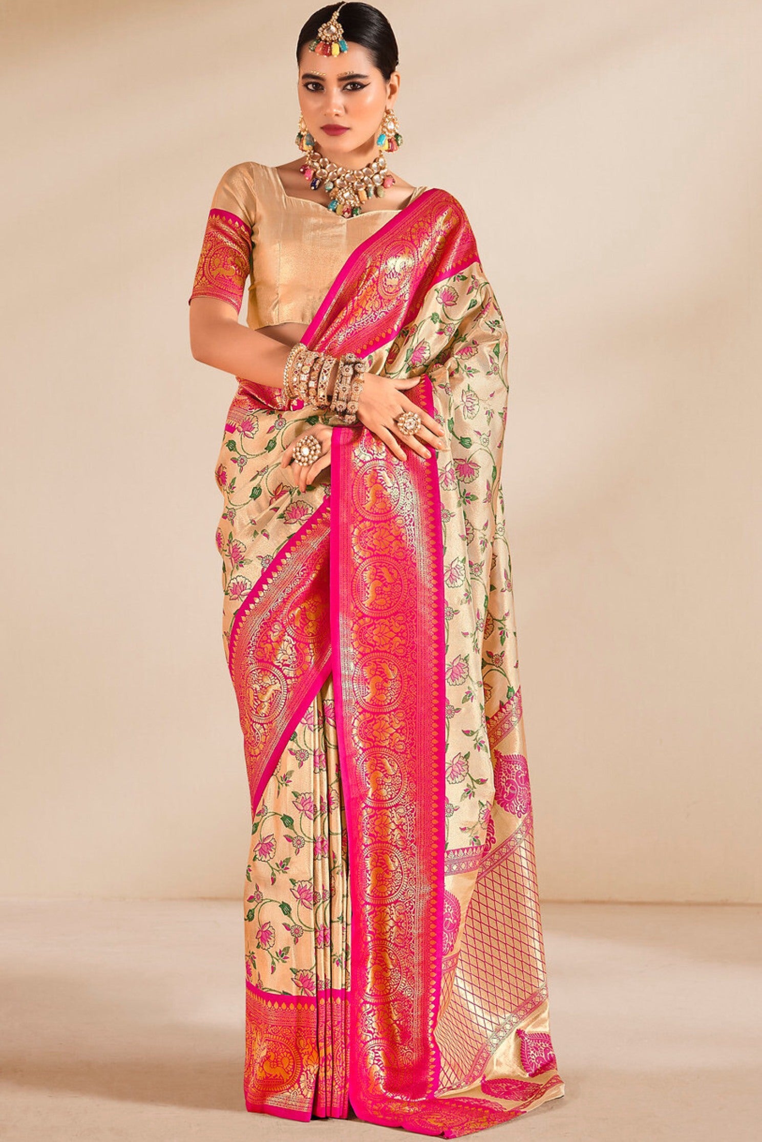 Buy MySilkLove Wheat Cream and Pink Zari Woven Banarasi Saree Online