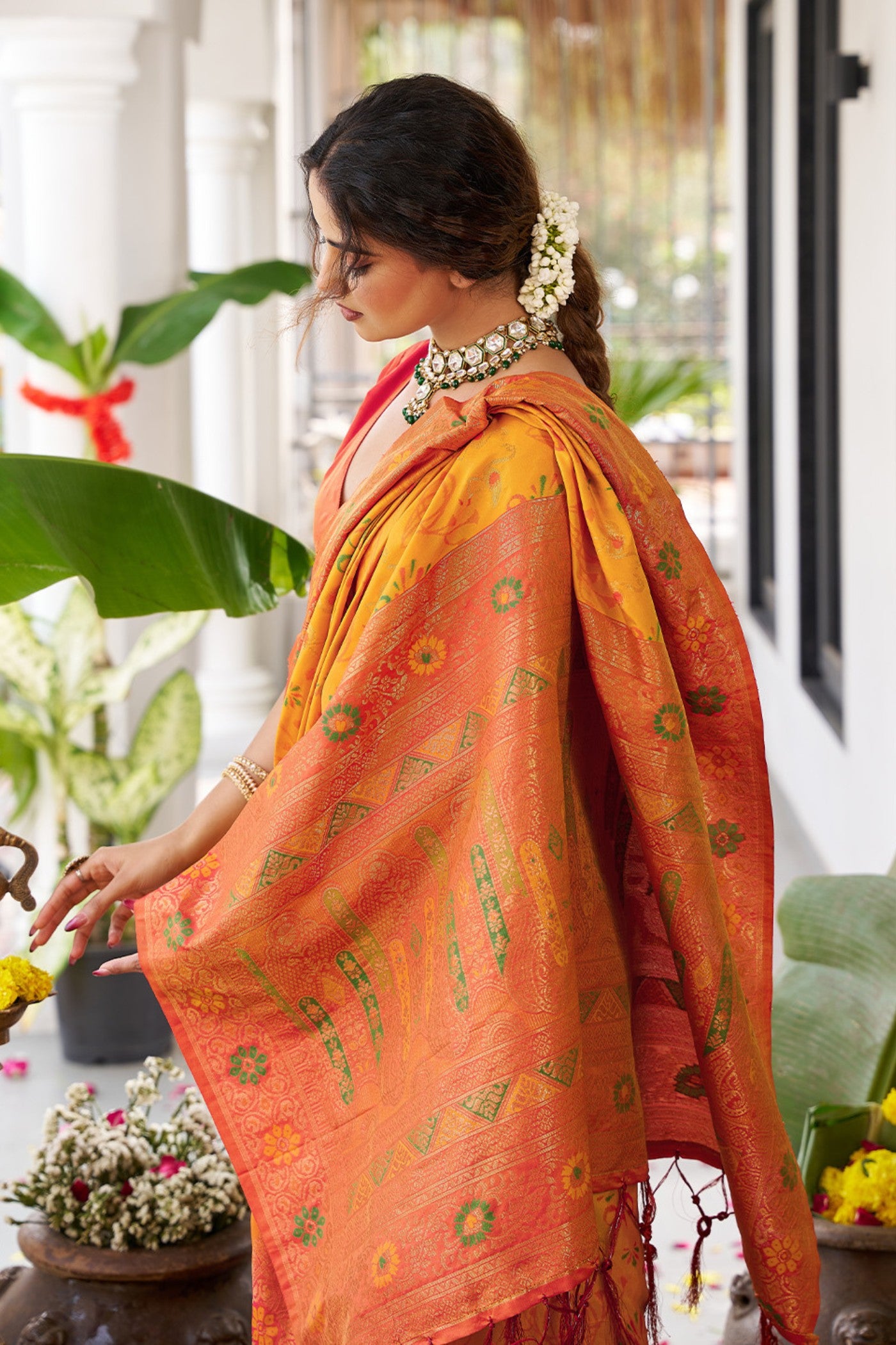 MySilkLove Saffron Yellow Banarasi Woven Soft Silk Saree