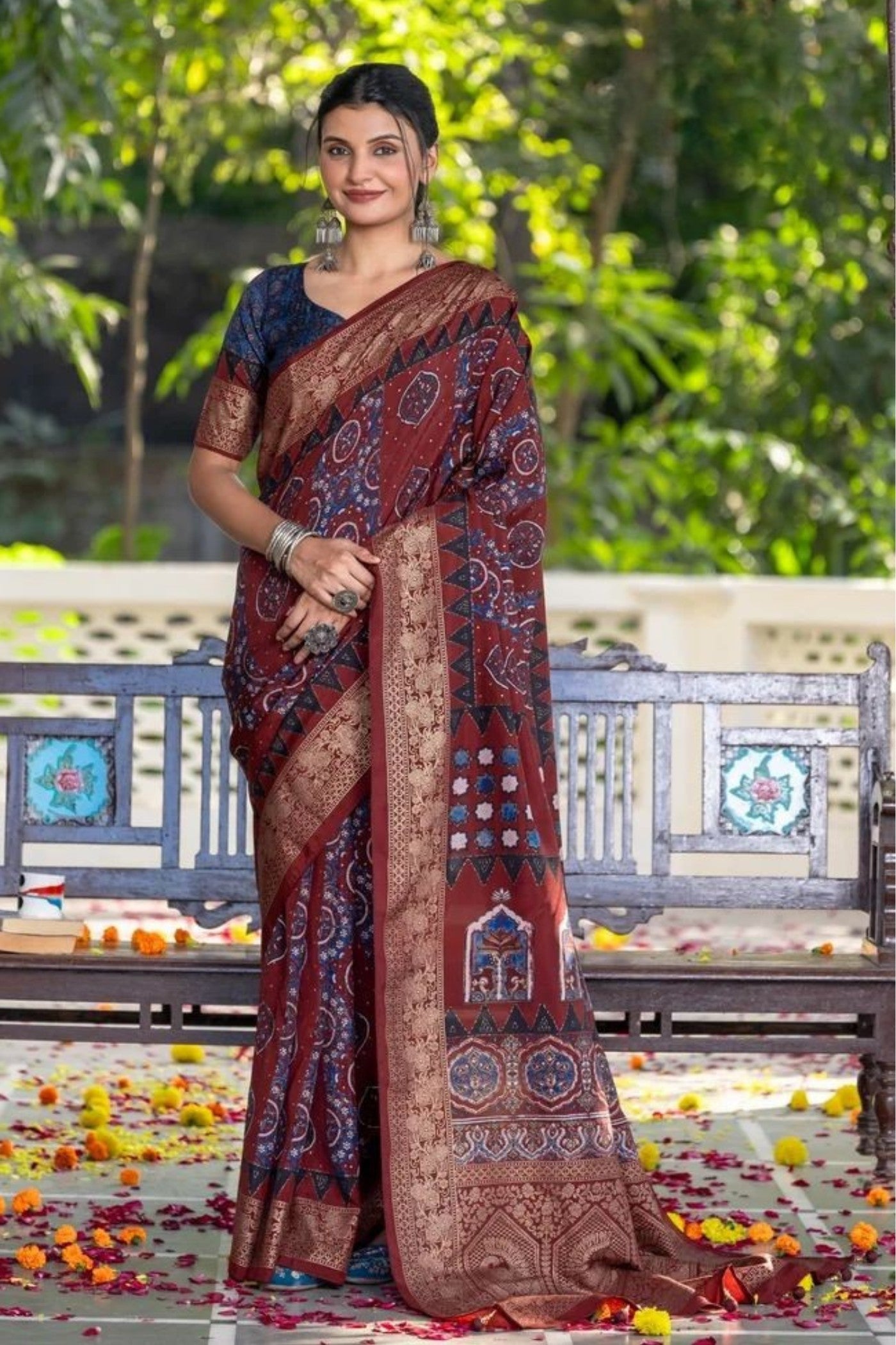 Buy MySilkLove Walnut Brown Ajrakh Digital Printed Satin Saree Online