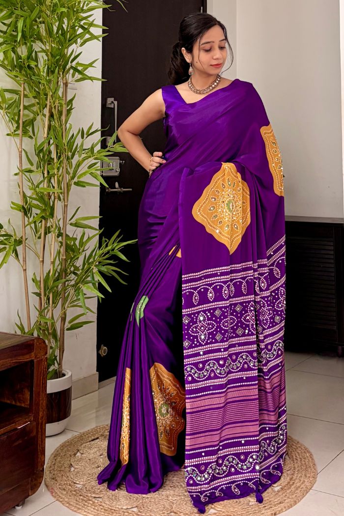 Buy MySilkLove Amethyst Purple Ajrakh Satin Printed Mirror Work Saree Online