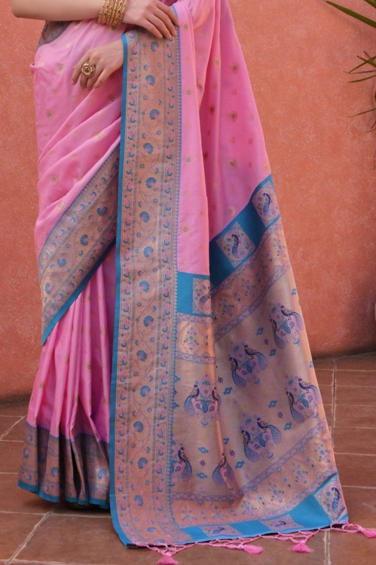 Buy MySilkLove Candy Pink and Blue Zari Woven Paithani Saree Online