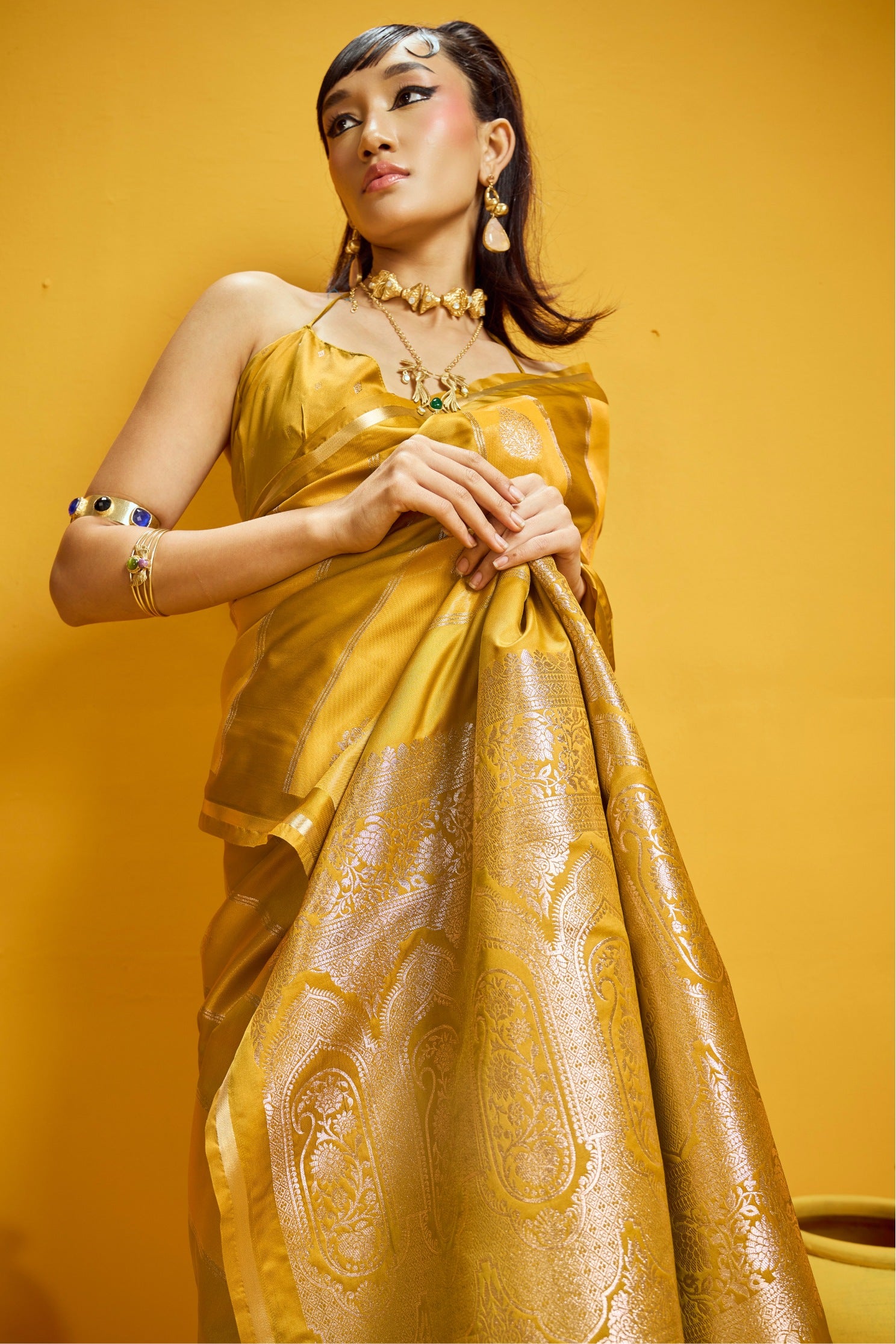 Buy MySilkLove Trombone Yellow Banarasi Handloom Satin Silk Saree Online