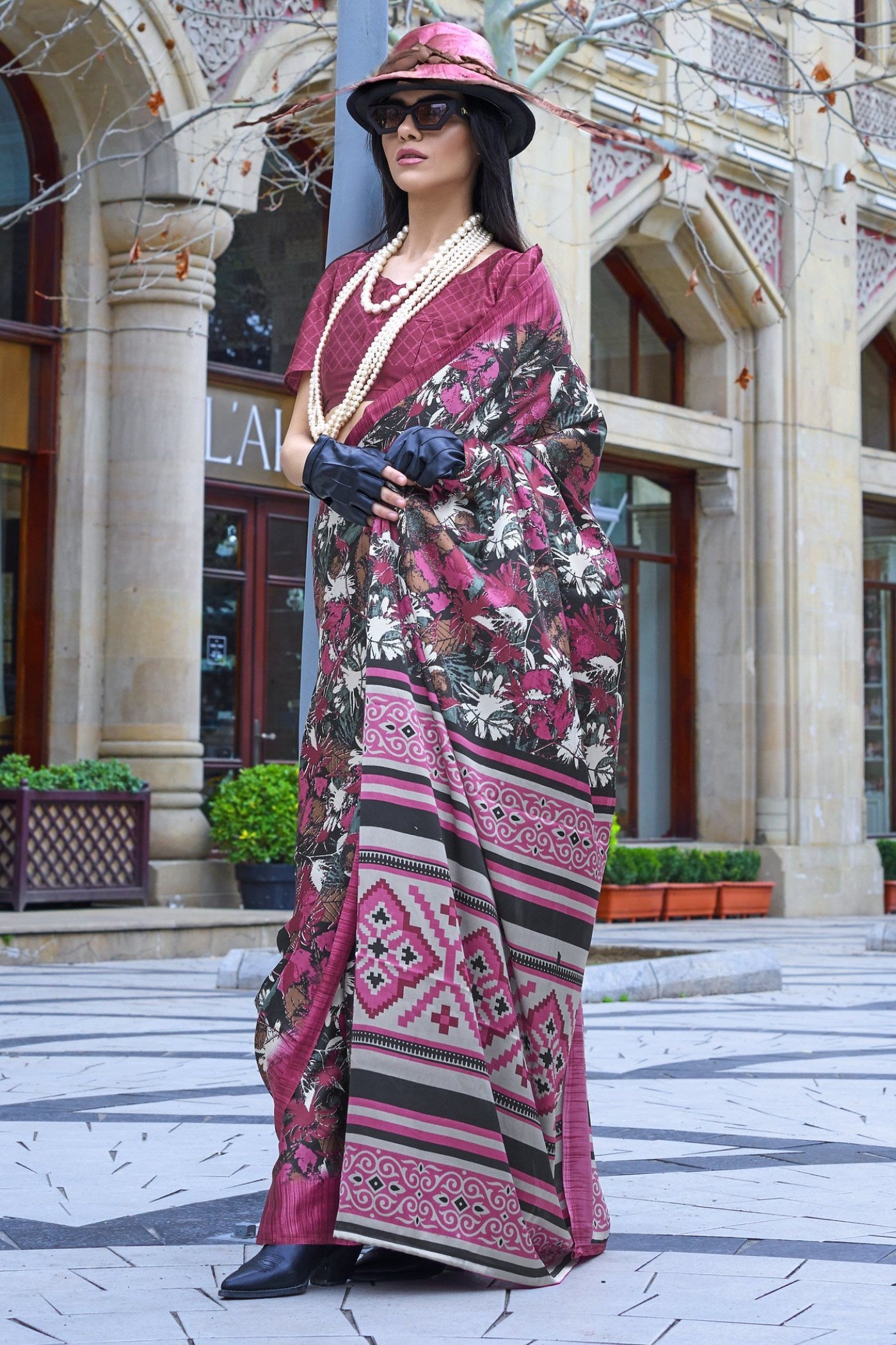 MySilkLove Berry Pink and Brown Printed Satin Crepe Silk Saree