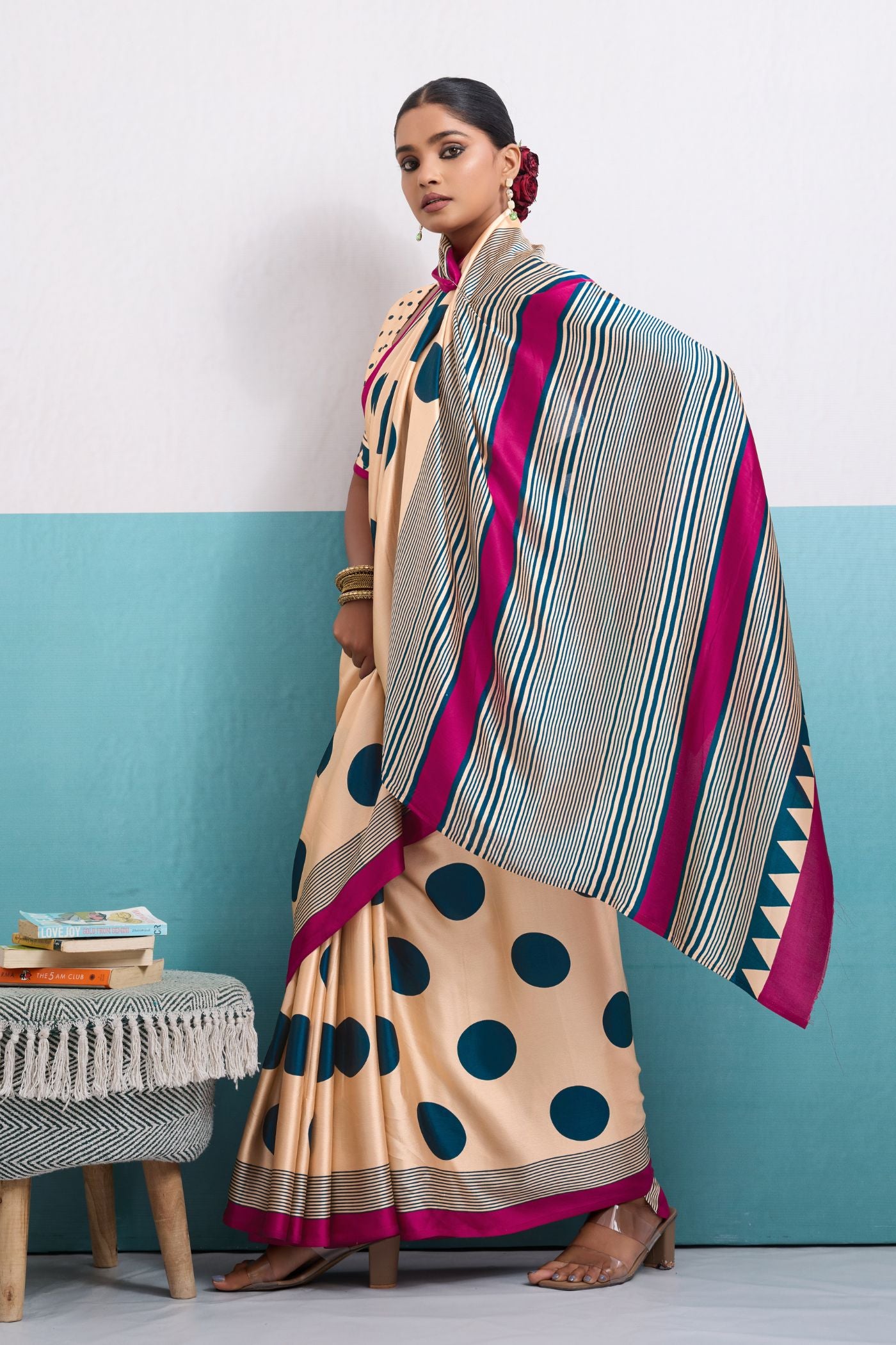 MySilkLove Custard Cream and Blue Polka Dots Satin Crepe Saree