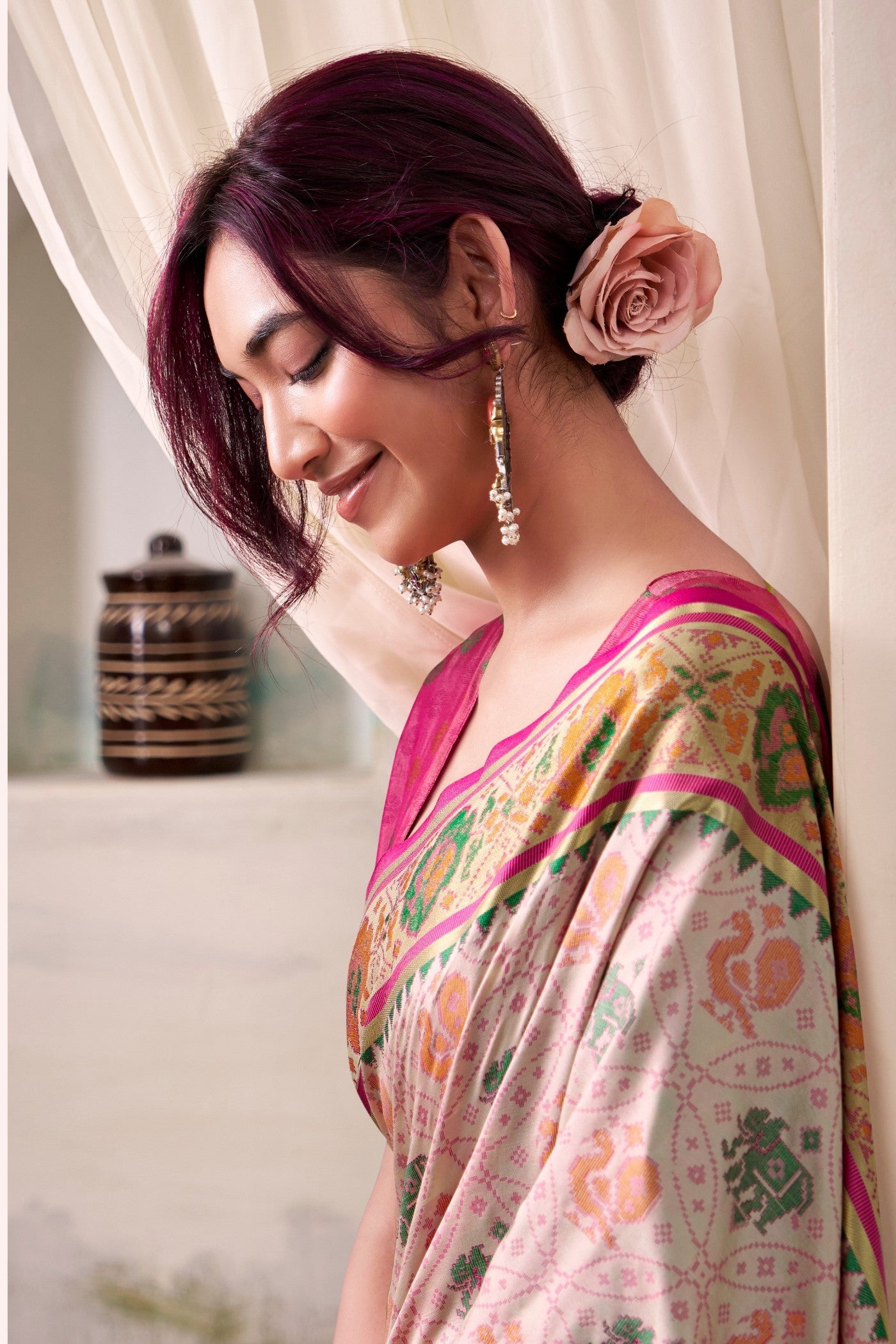 Buy MySilkLove Daisy Cream Woven Patola Silk Saree Online