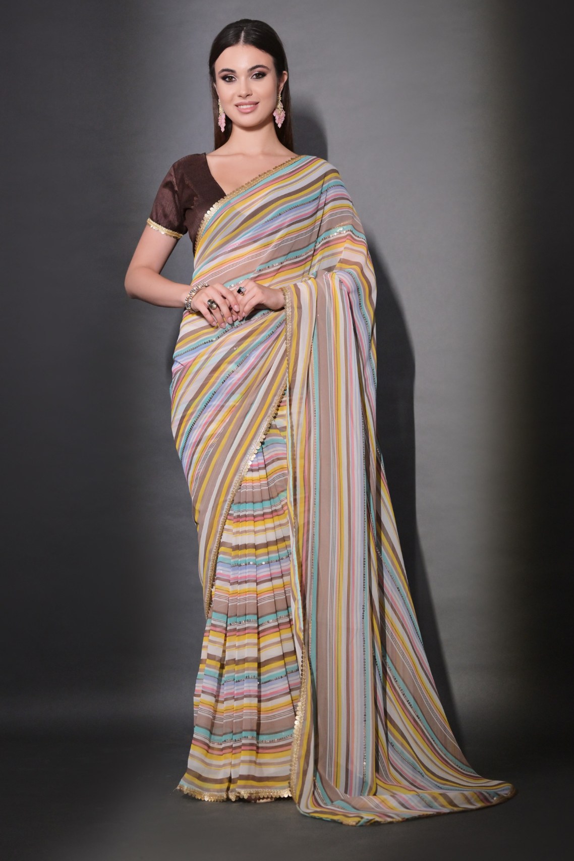 Buy MySilkLove Teak Brown Georgette Lehriya Silk Saree Online