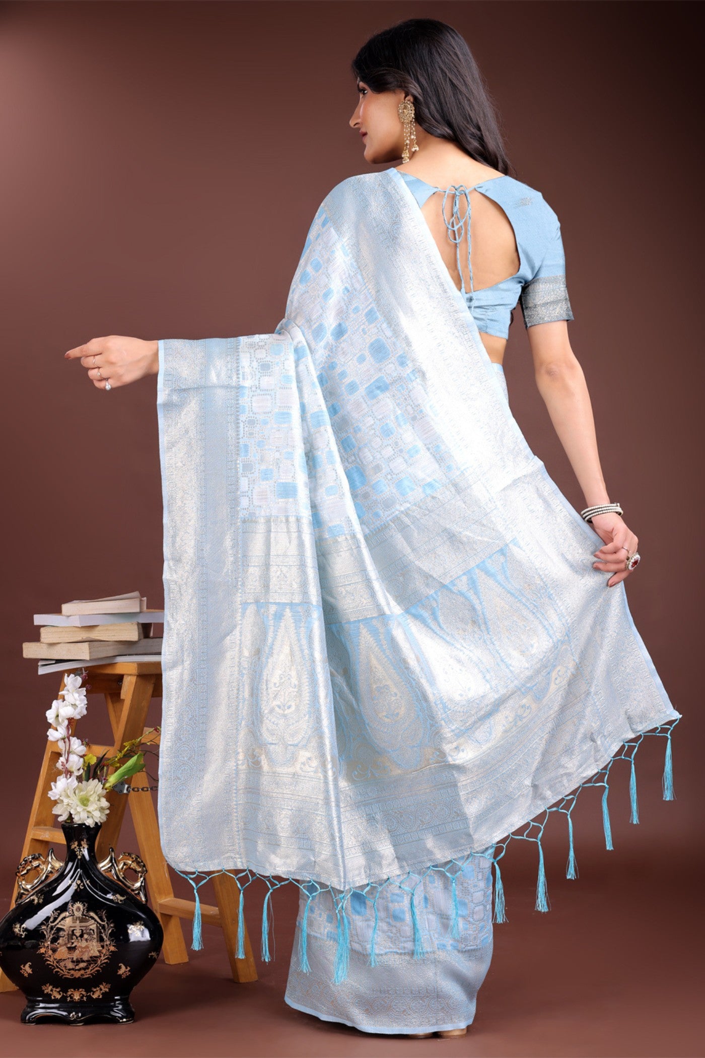 Buy MySilkLove Surfin Blue Woven Linen Cotton Saree Online