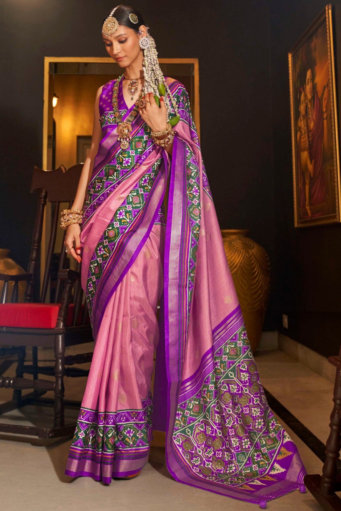 Buy MySilkLove Tonys Pink Printed Patola Saree Online