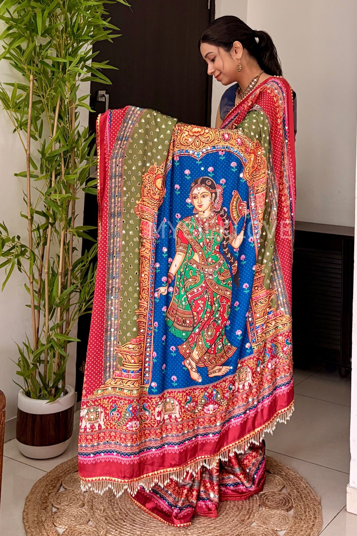 Buy MySilkLove Raspberry Pink Japan Satin Printed Kalmakari Mirror Work Sraee Online