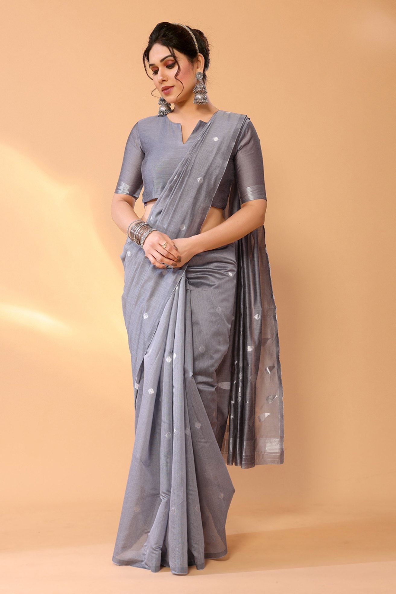 Buy MySilkLove Oslo Grey Woven Chanderi Cotton Saree Online