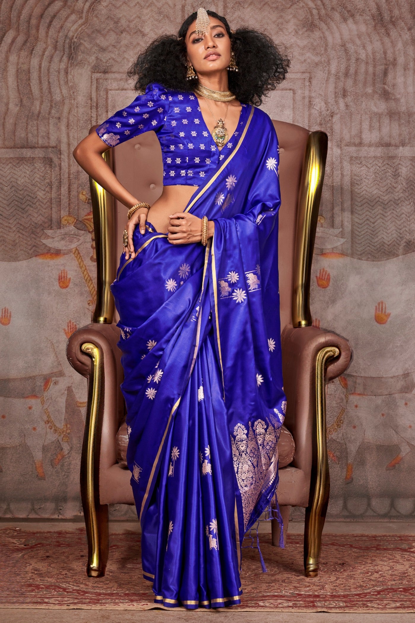 Buy MySilkLove Cobalt Blue Banarasi Pichwai Satin Saree Online