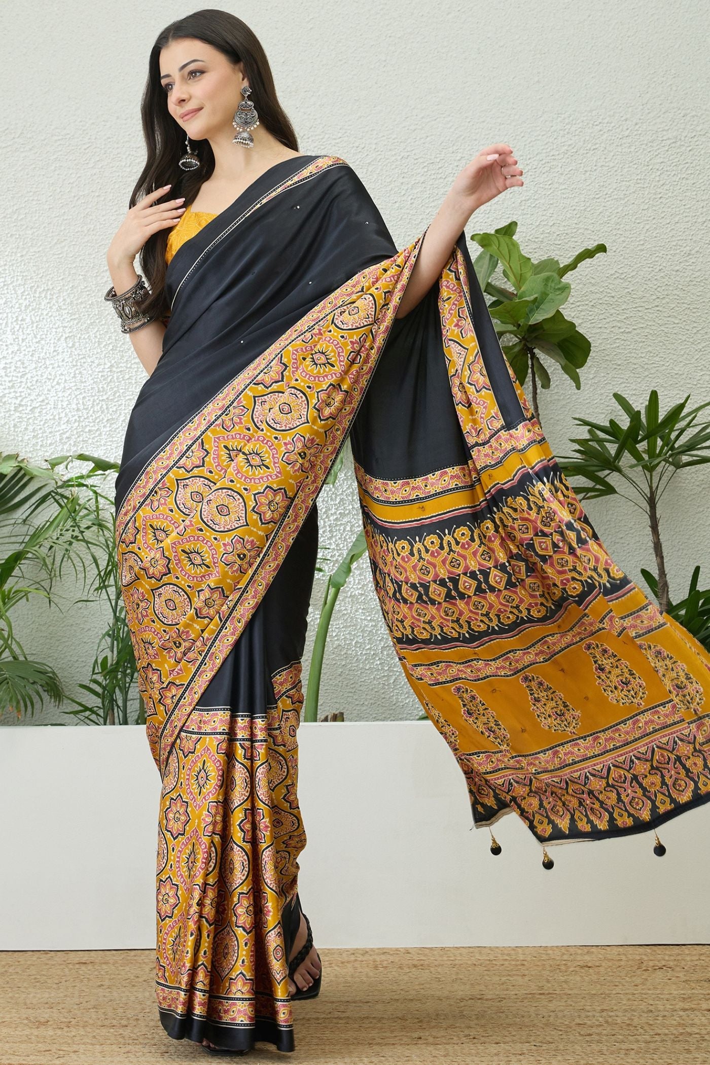 Buy MySilkLove Black Pearl and Yellow Modal Ajrakh Satin Printed Silk Saree Online