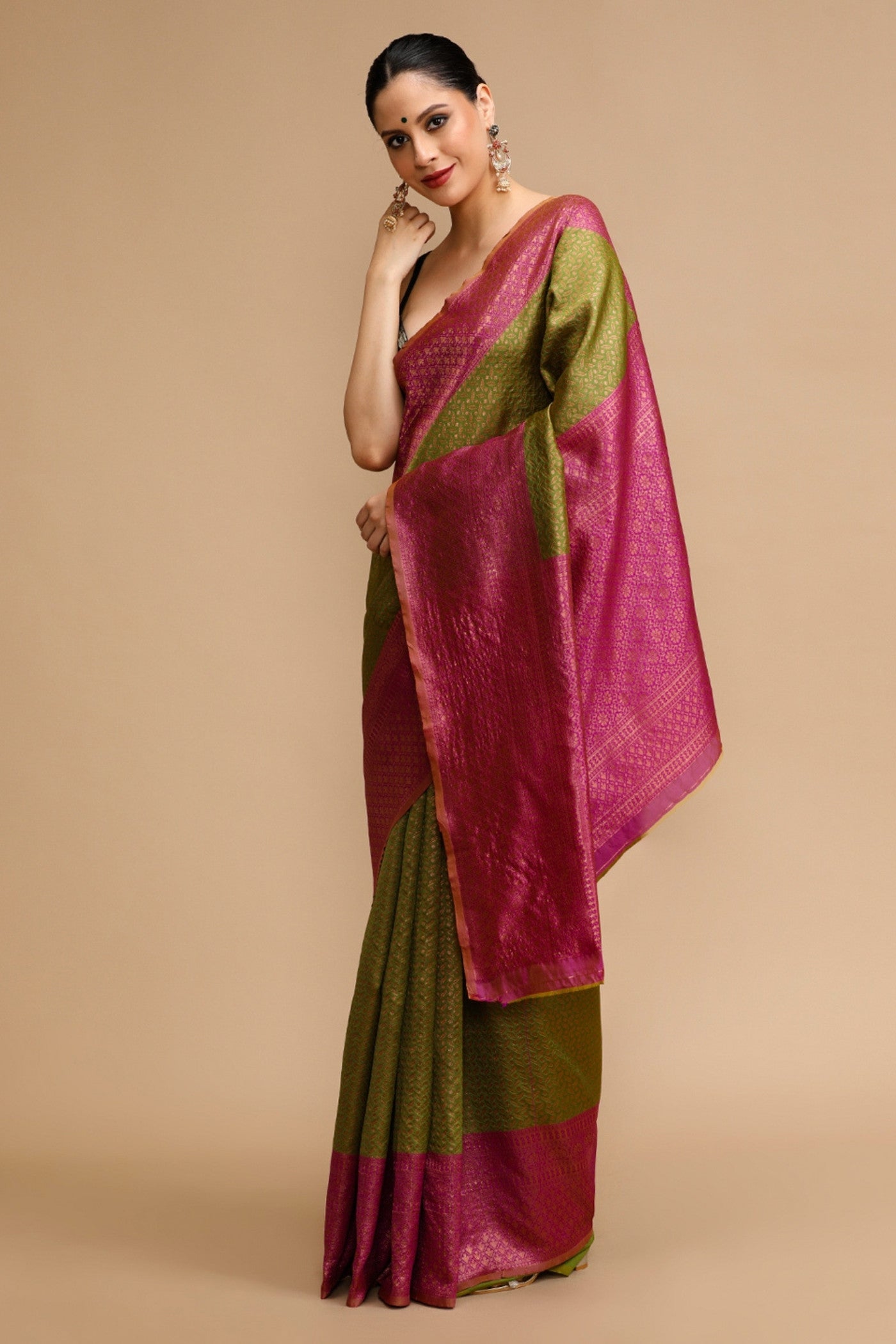 MySilkLove Sheen Green and Pink Woven Jacquard Lichi Silk Saree