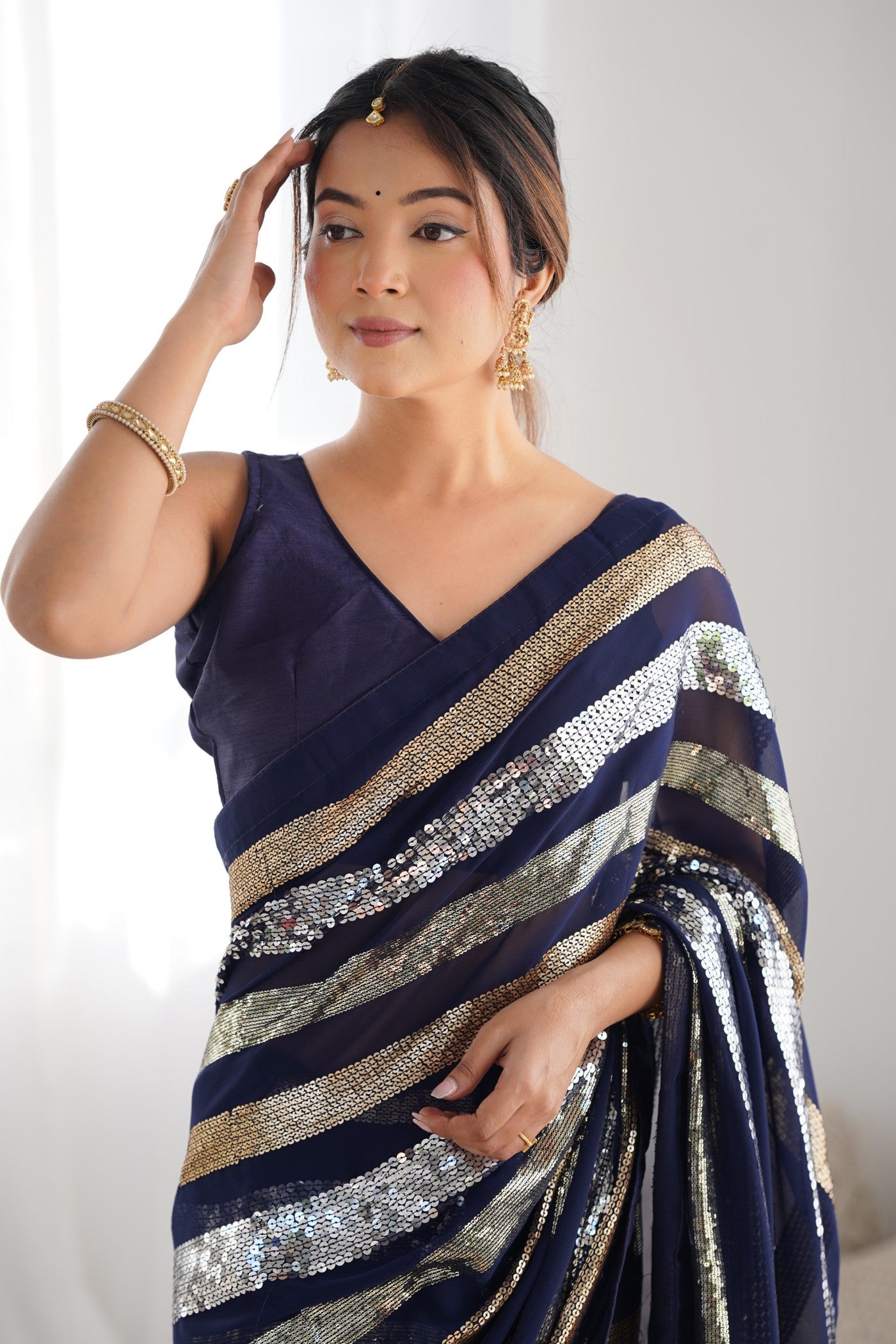 Buy MySilkLove Navy Blue Georgette Partywear Saree Online