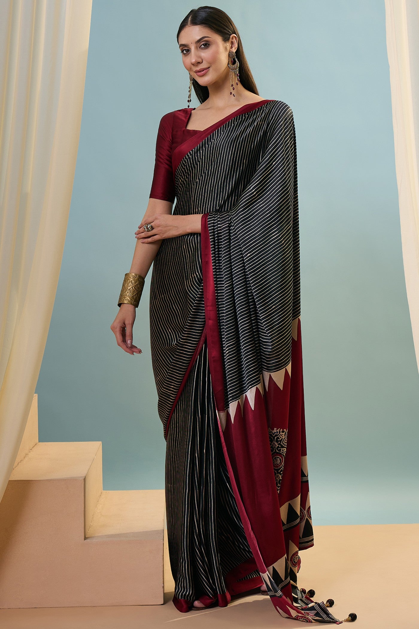 Buy MySilkLove Black Olive Ajrakh Printed Satin Crepe Silk Saree Online