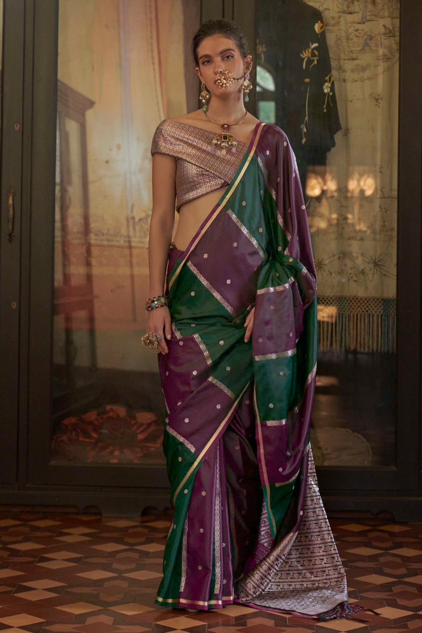 Buy MySilkLove Royal Purple and Green Handloom Rangkat Banarasi Satin Silk Saree Online
