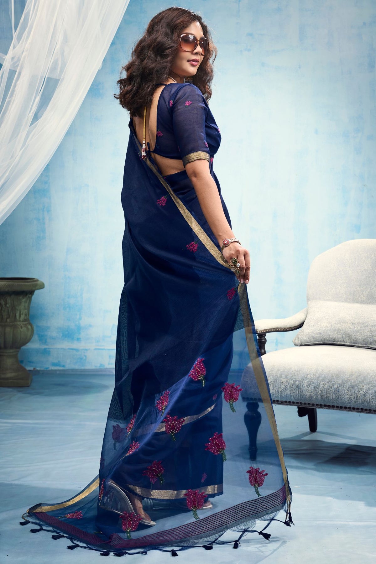 Buy MySilkLove Navy Blue Munga Handloom Cotton Saree Online