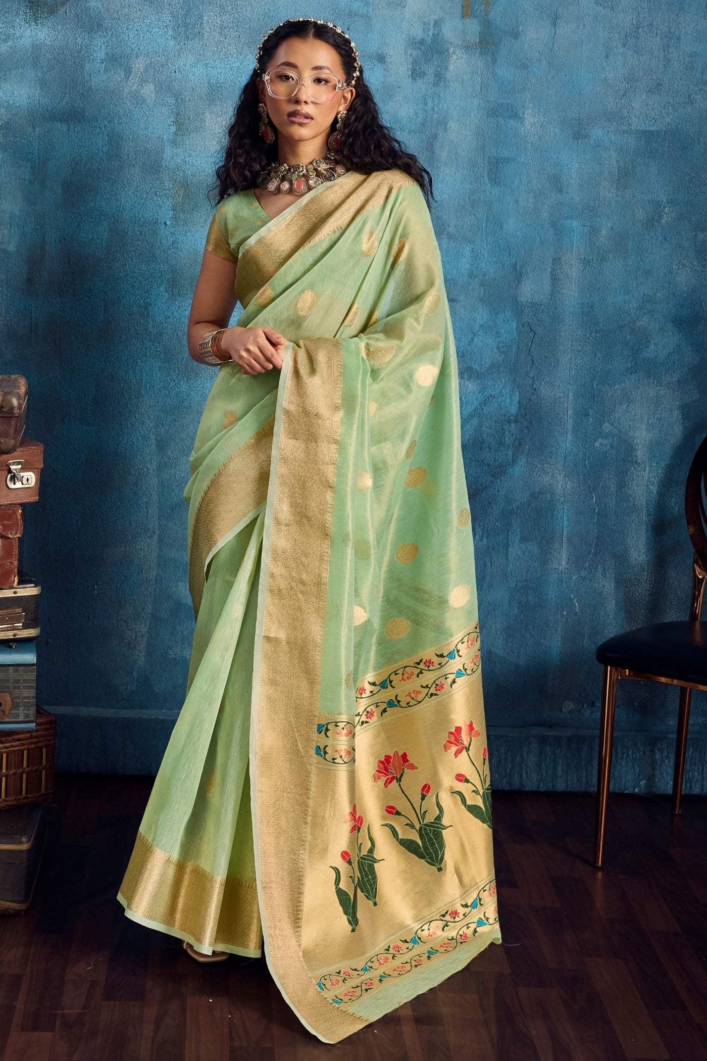 Buy MySilkLove Artichoke Green Zari Woven Tissue Paithani Saree Online