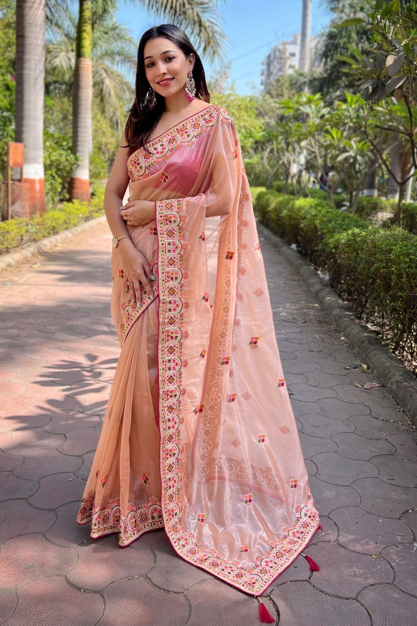 Buy MySilkLove Rose Peach Embroidered Tissue Silk Saree Online