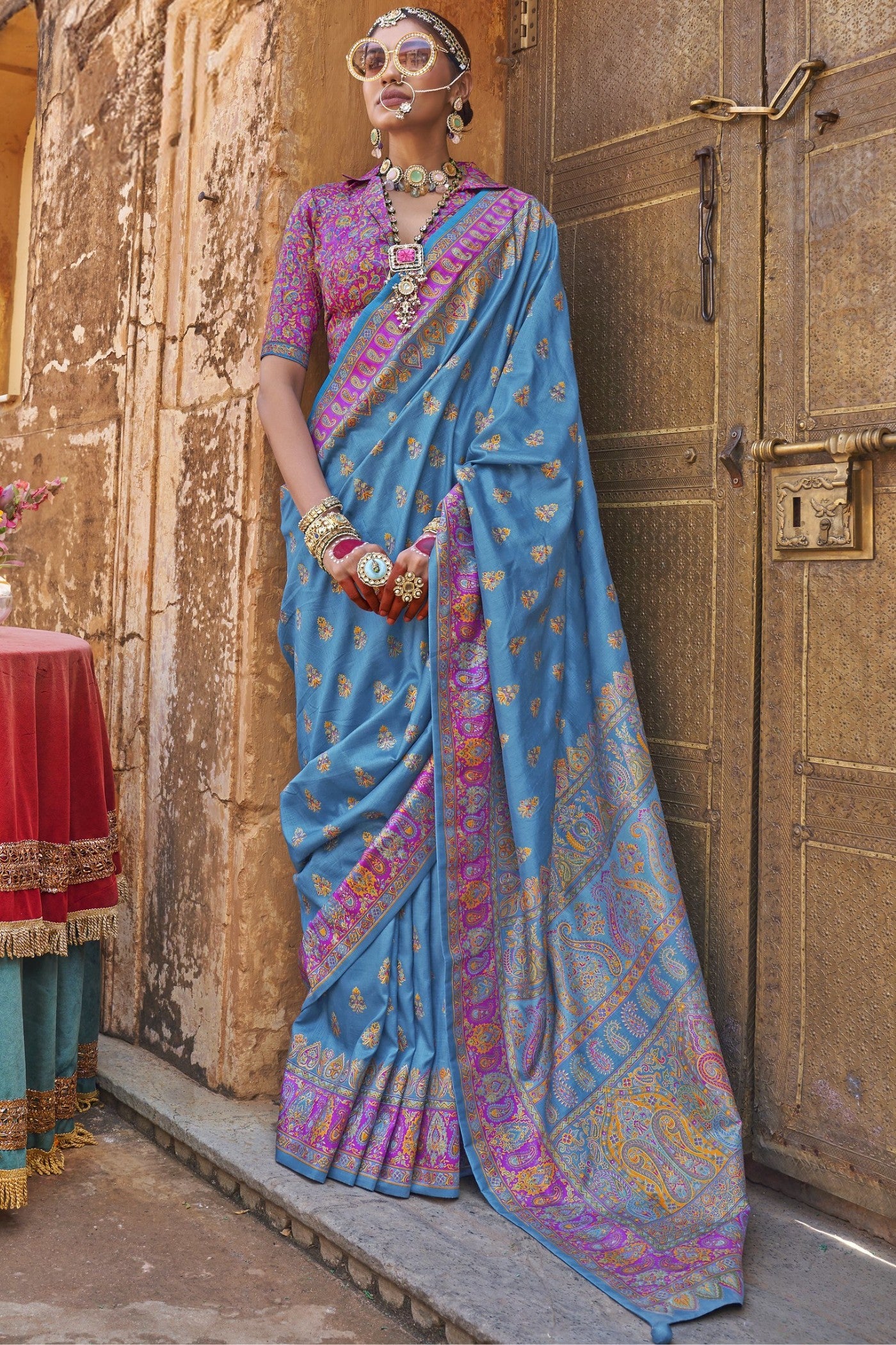 Buy MySilkLove Hyacinth Blue Banarasi Jamawar Saree Online