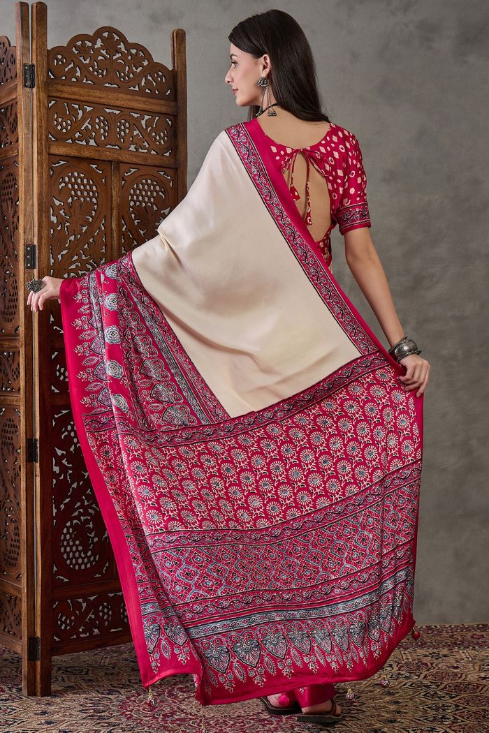Buy MySilkLove Dust Cream and Red Ajrakh Printed Satin Gaji Silk Saree Online
