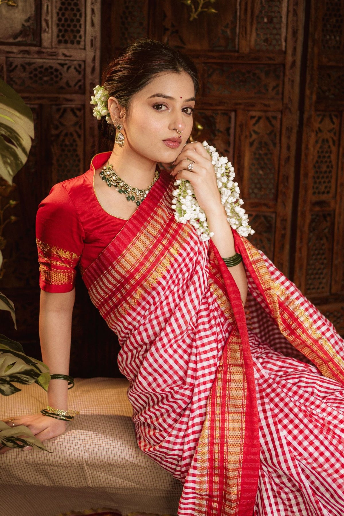 Buy MySilkLove Scarlet Red Checks Pattern Pure Silk Irkal Saree Online