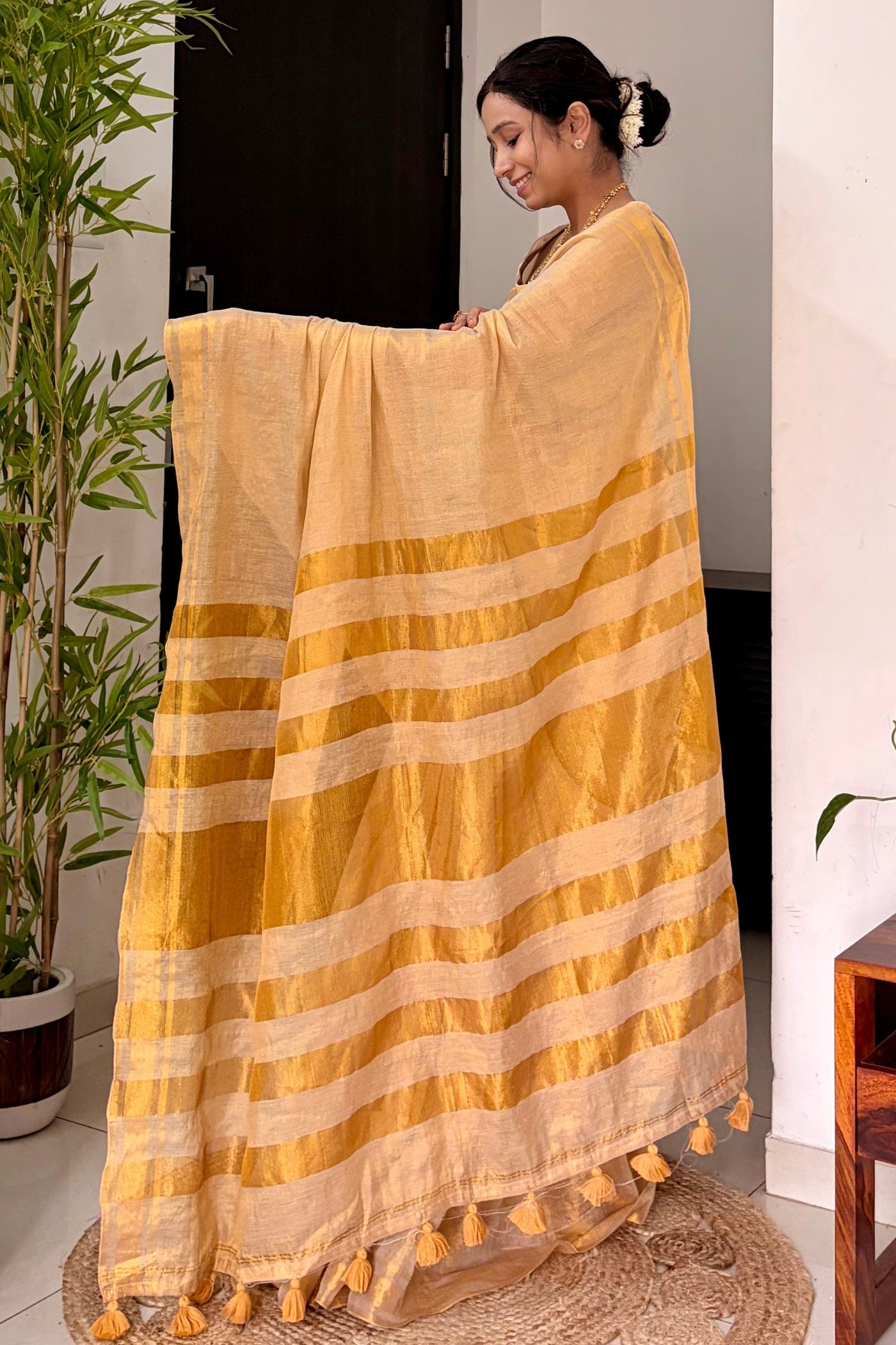 Buy MySilkLove Butter Cream Tissue Woven Silk Saree Online