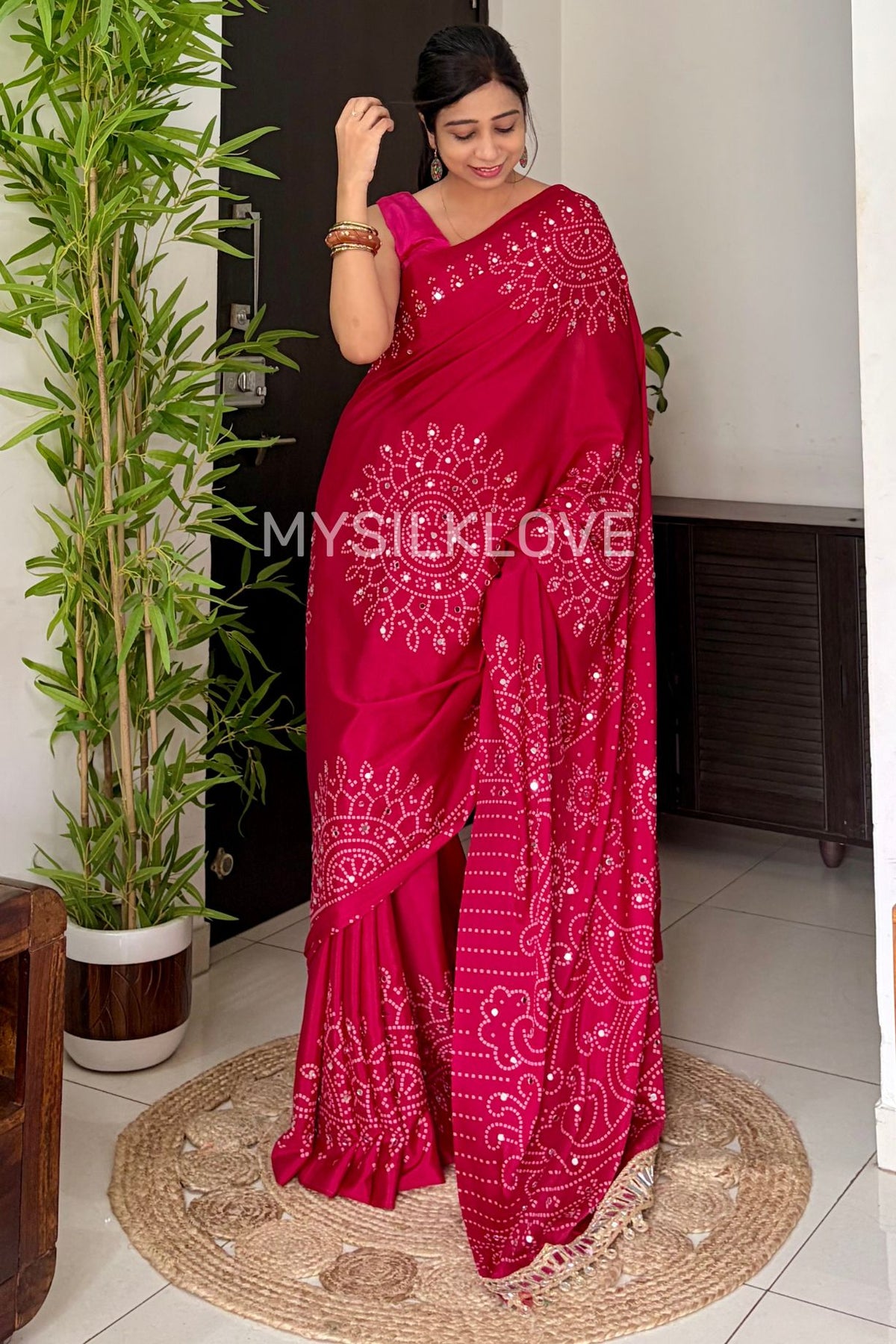 Buy MySilkLove Punch Pink Bandhani Gaji Satin Mirror Work Silk Crepe Saree Online