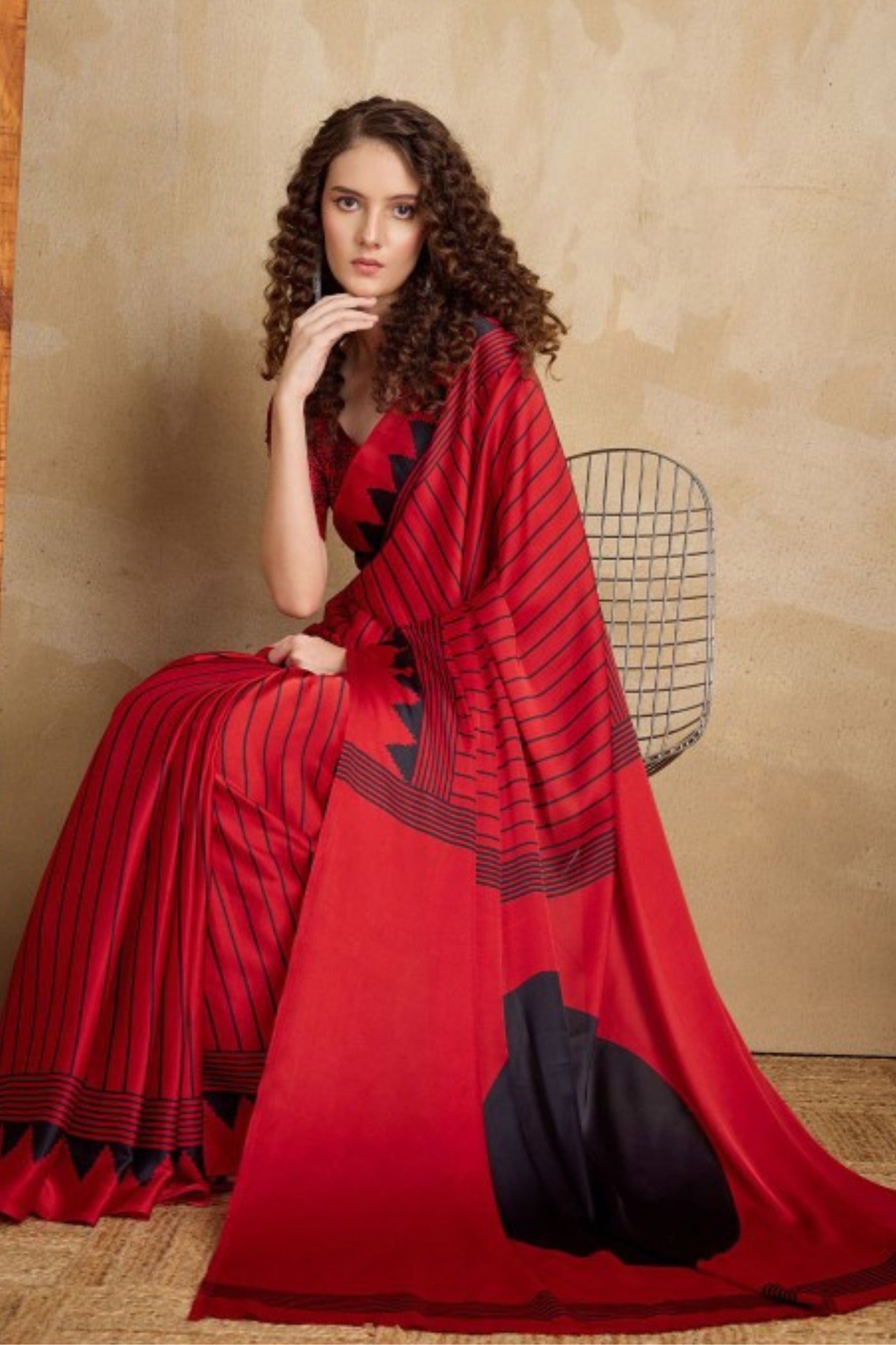 MySilkLove Pomegranate Red Ajrakh Printed Satin Crepe Silk Saree