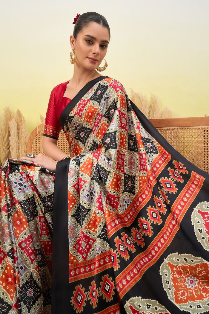 MySilkLove Rio Black and Cream Patola Printed Satin Crepe Silk Saree
