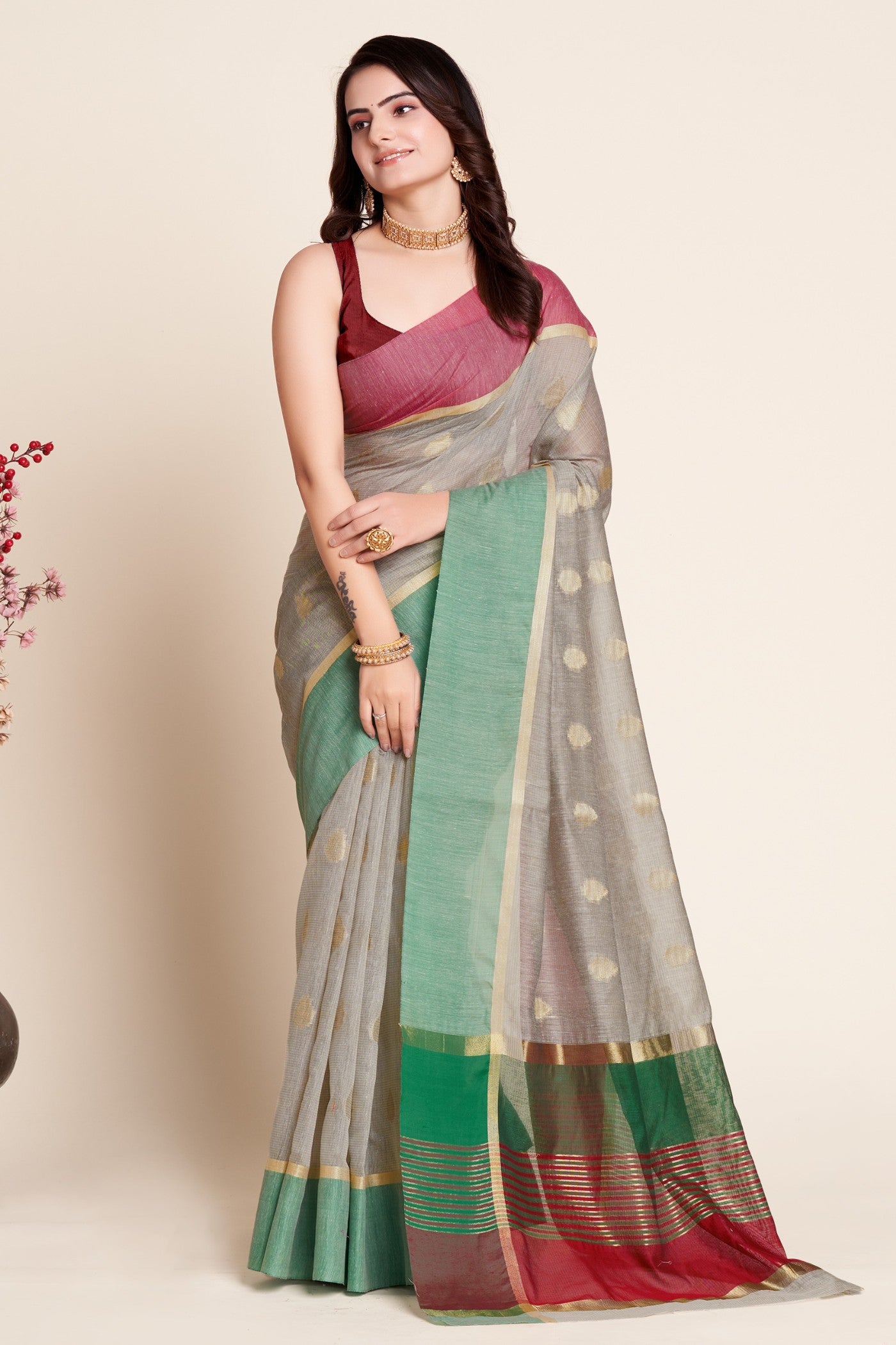 Buy MySilkLove Silver Grey Woven Cotton Saree Online