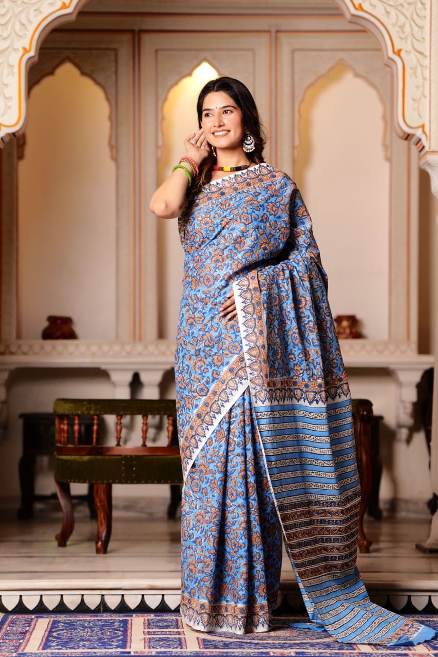 MySilkLove Hoki Blue Pure Cotton Handblock Printed Saree