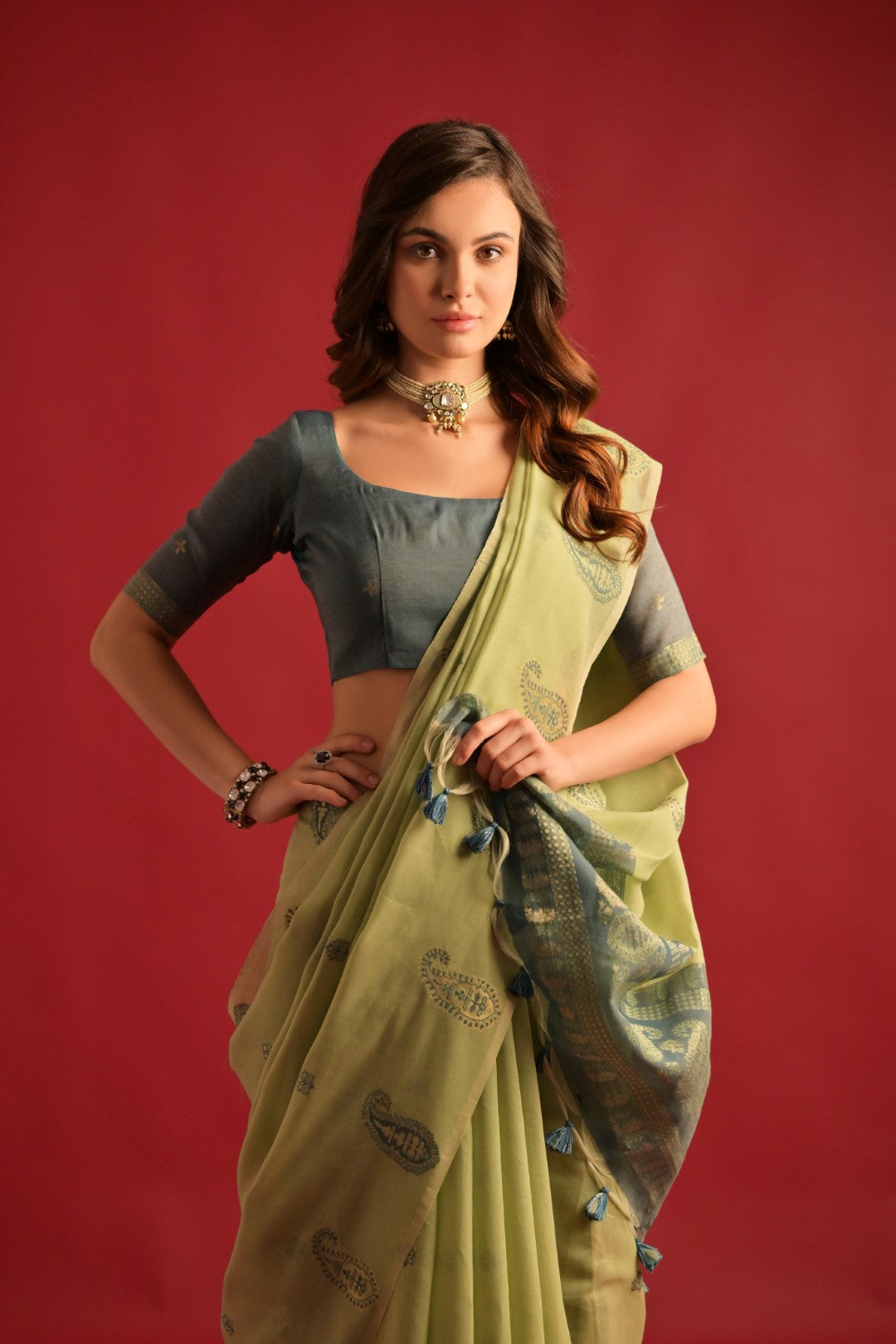 Buy MySilkLove Pista Green Woven Mul Cotton Saree Online