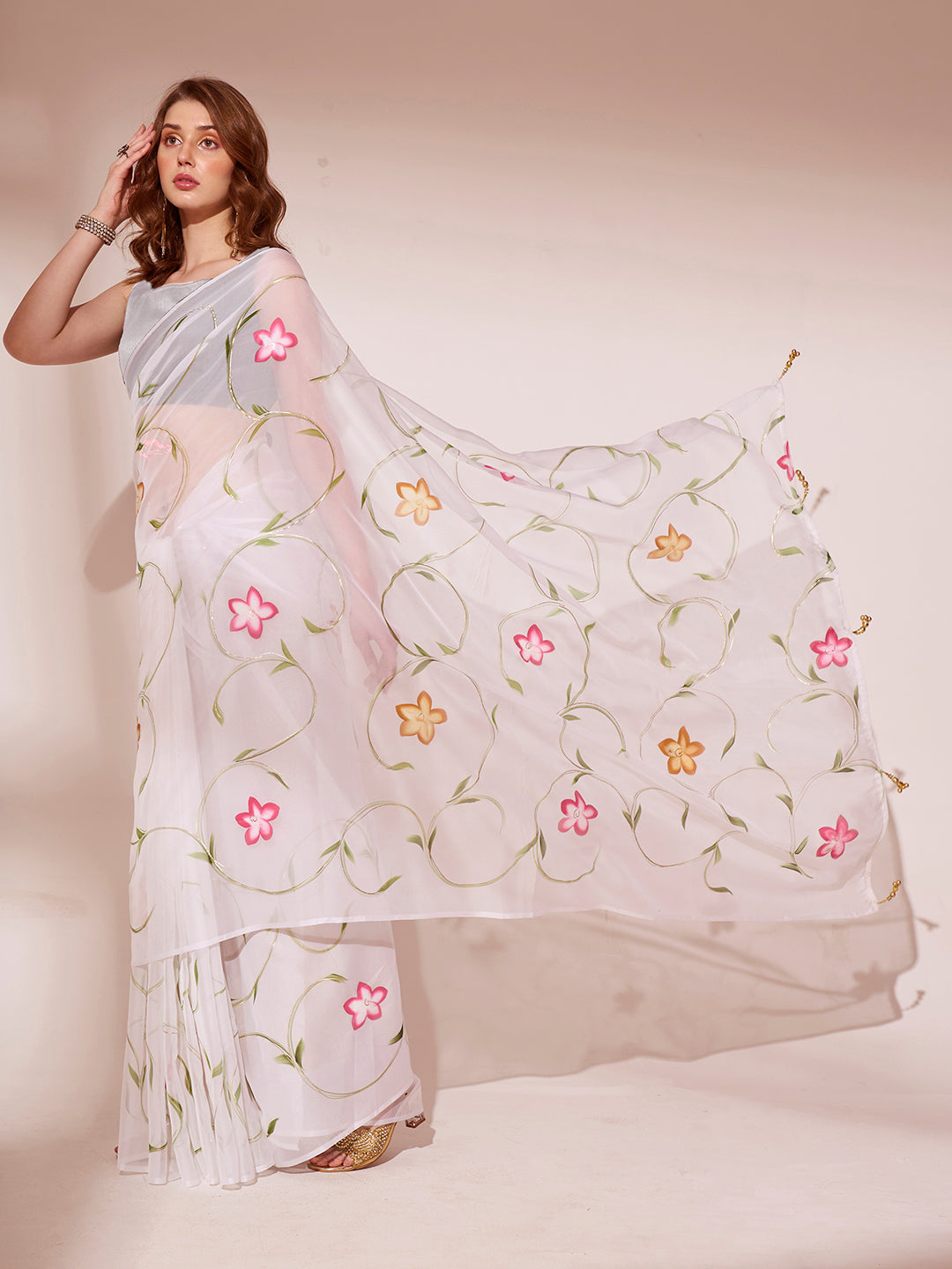 MySilkLove Pearl White Printed Organza Saree