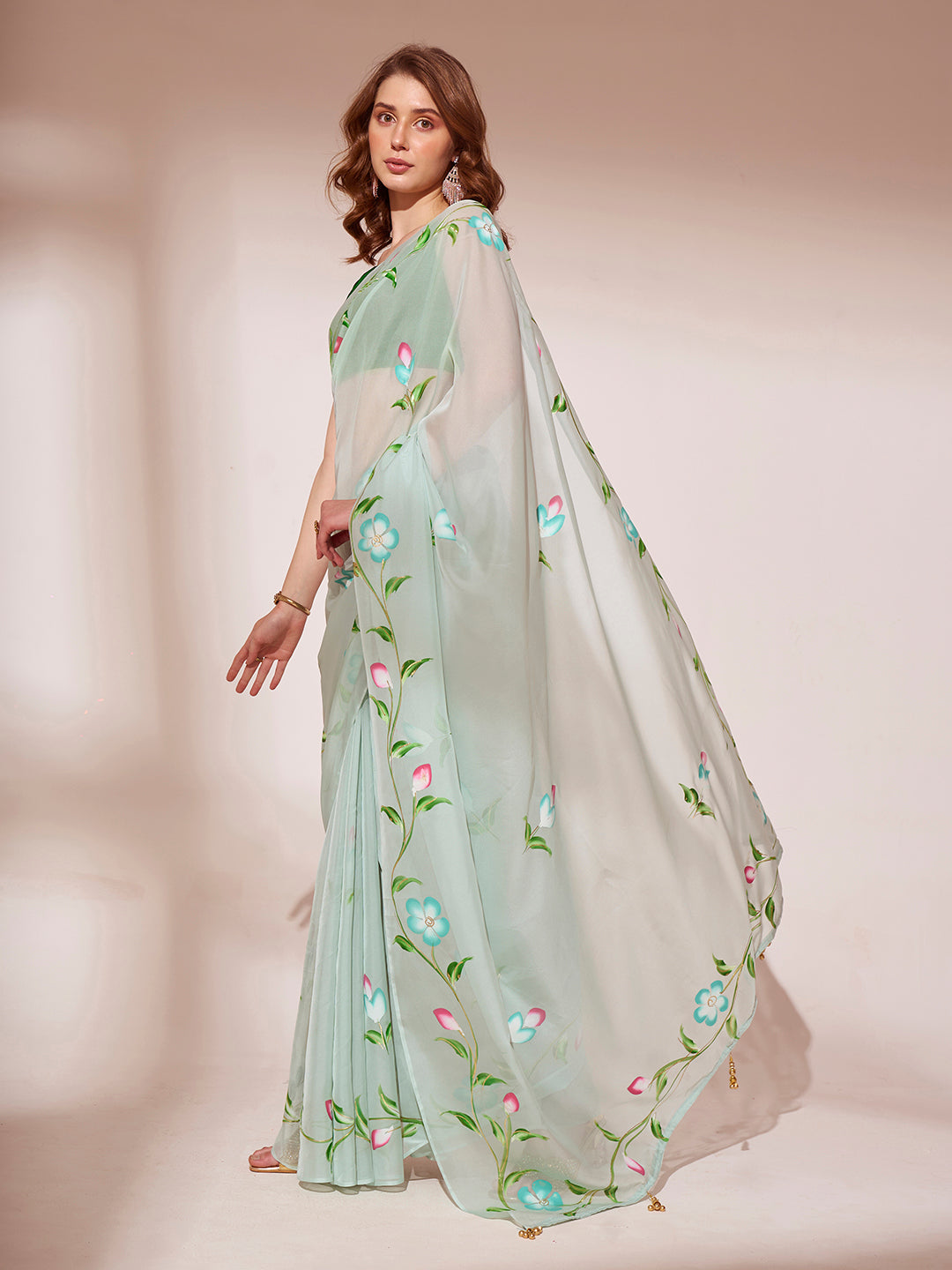 MySilkLove Pewter Green Printed Organza Saree