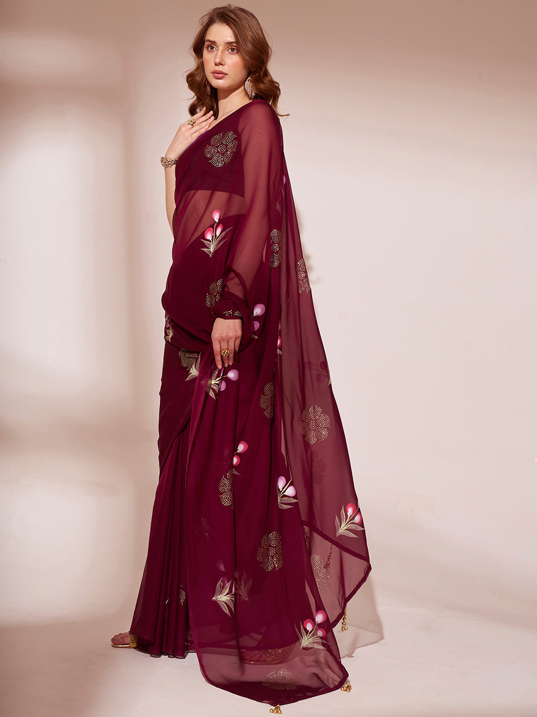 Buy MySilkLove Bordeaux Maroon Printed Organza Saree Online