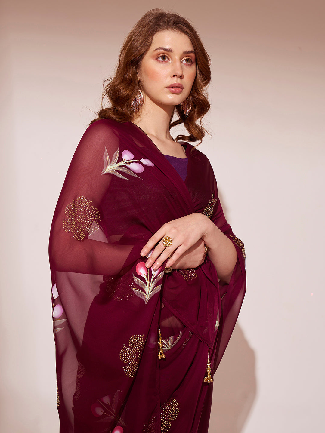 Buy MySilkLove Bordeaux Maroon Printed Organza Saree Online