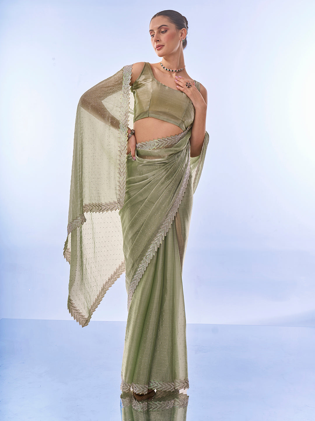 MySilkLove Bison Hide Green Designer Partywear Saree