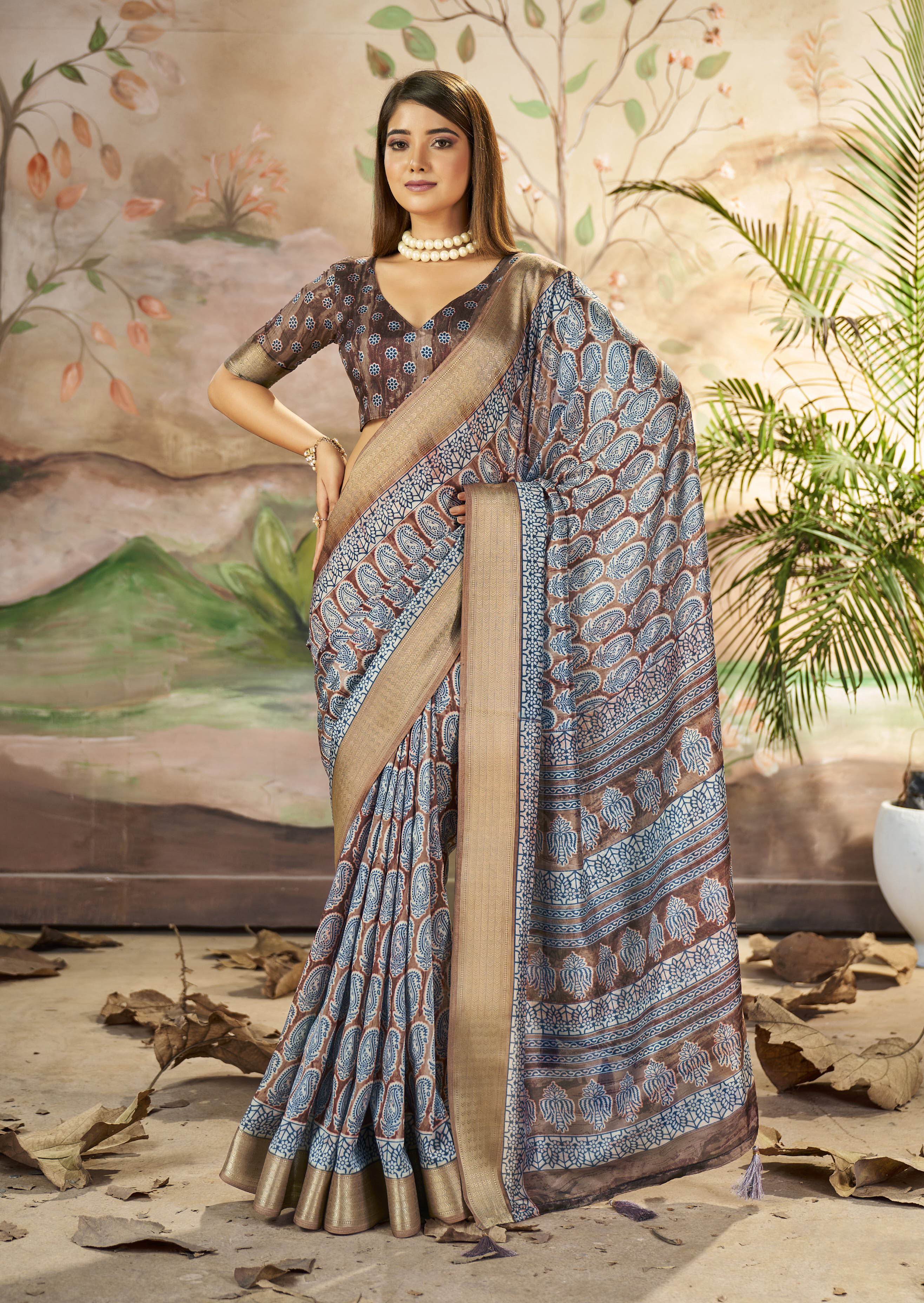 Buy MySilkLove Hemp Brown Designer Printed Dola Silk Saree Online