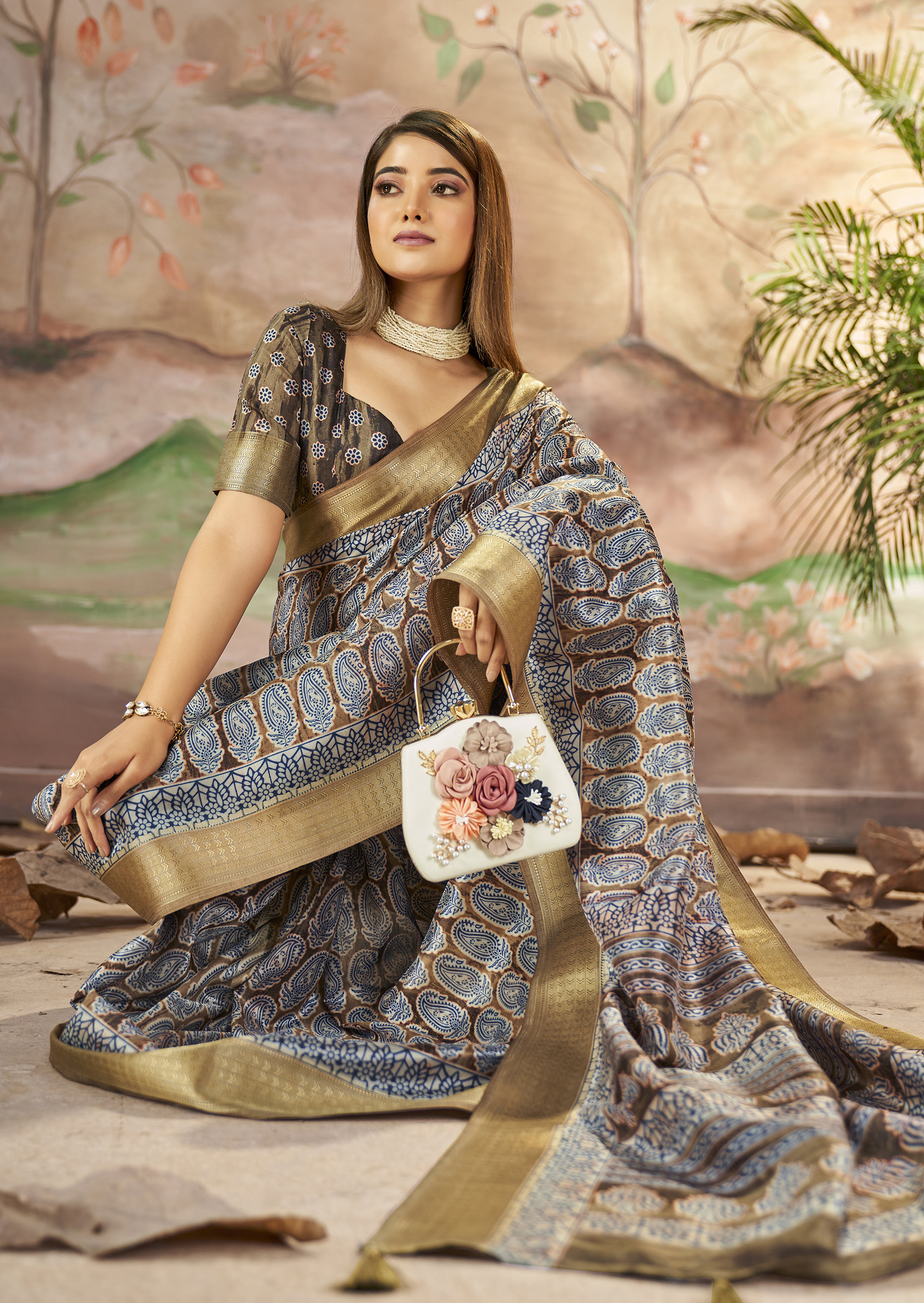 MySilkLove Hurricane Grey Designer Printed Dola Silk Saree