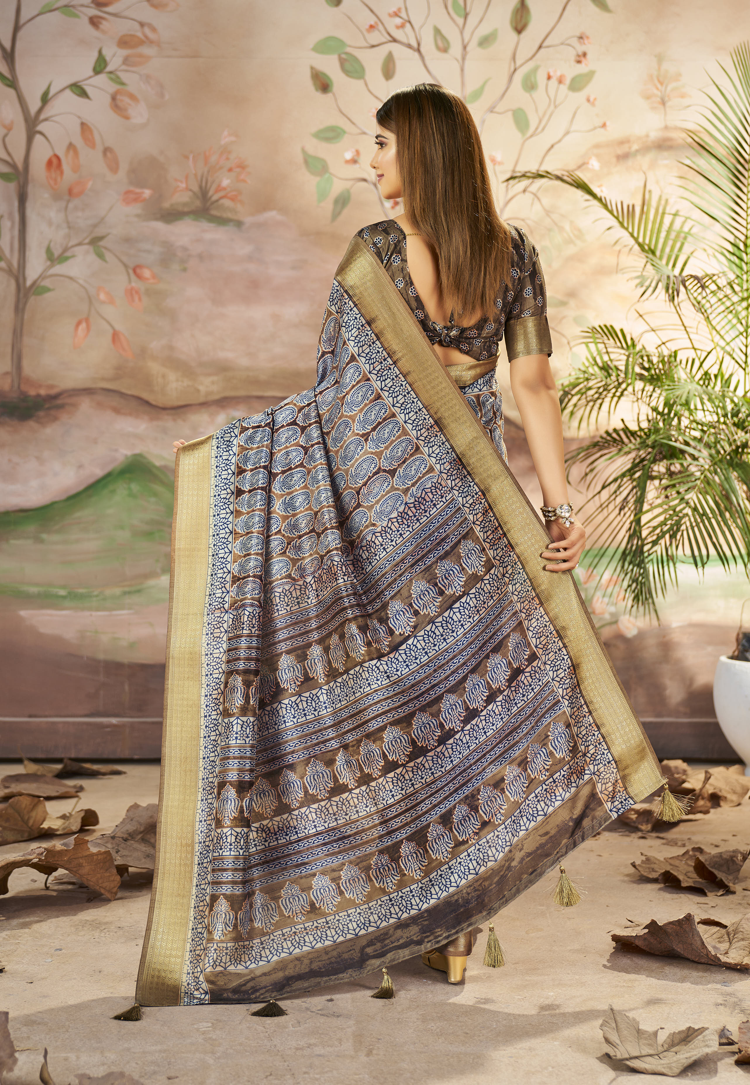 Buy MySilkLove Hurricane Grey Designer Printed Dola Silk Saree Online