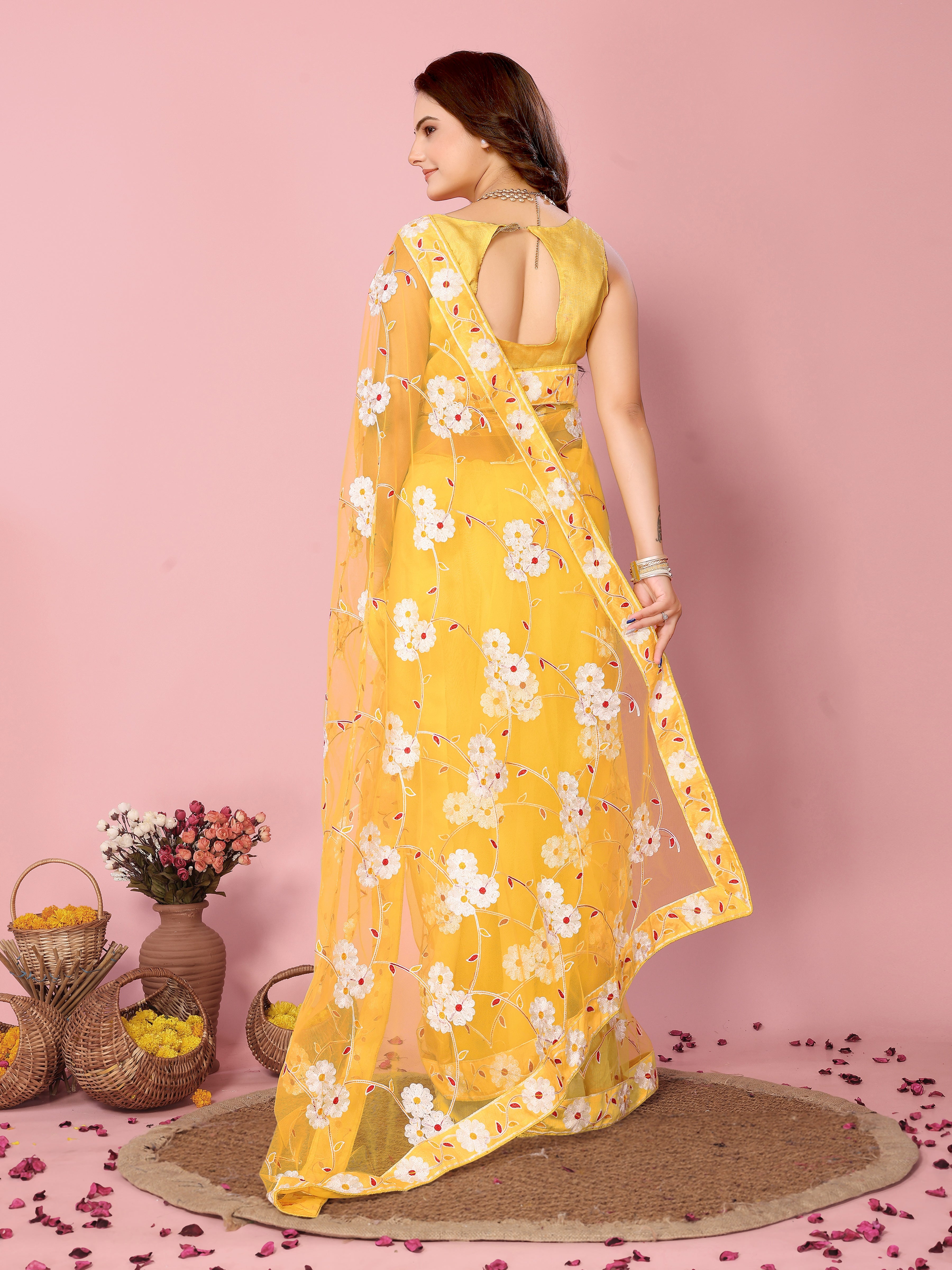 Buy MySilkLove Dandelion Yellow Woven Designer Embroidered Saree Online