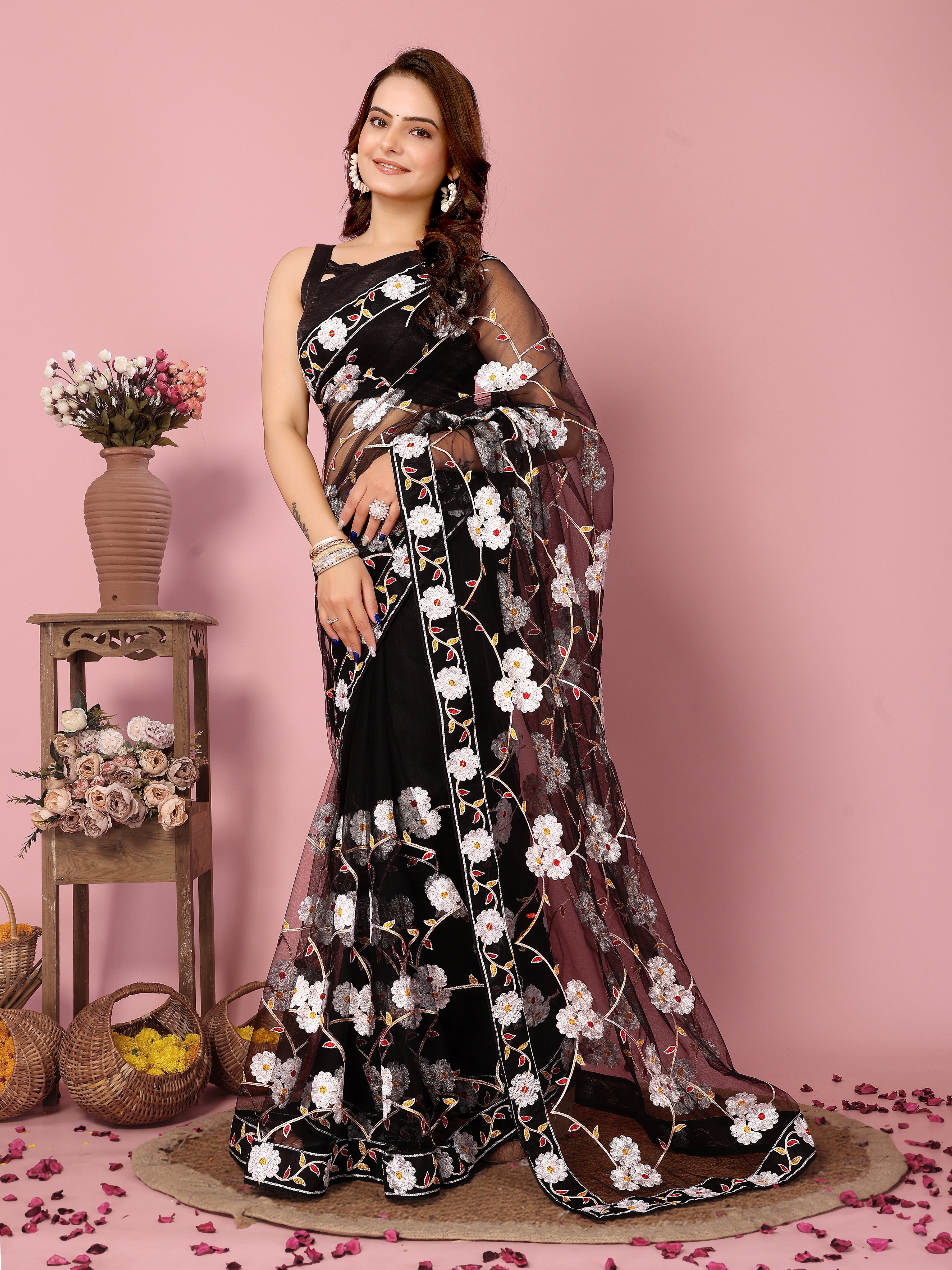 Buy MySilkLove Eerie Black Woven Designer Embroidered Saree Online